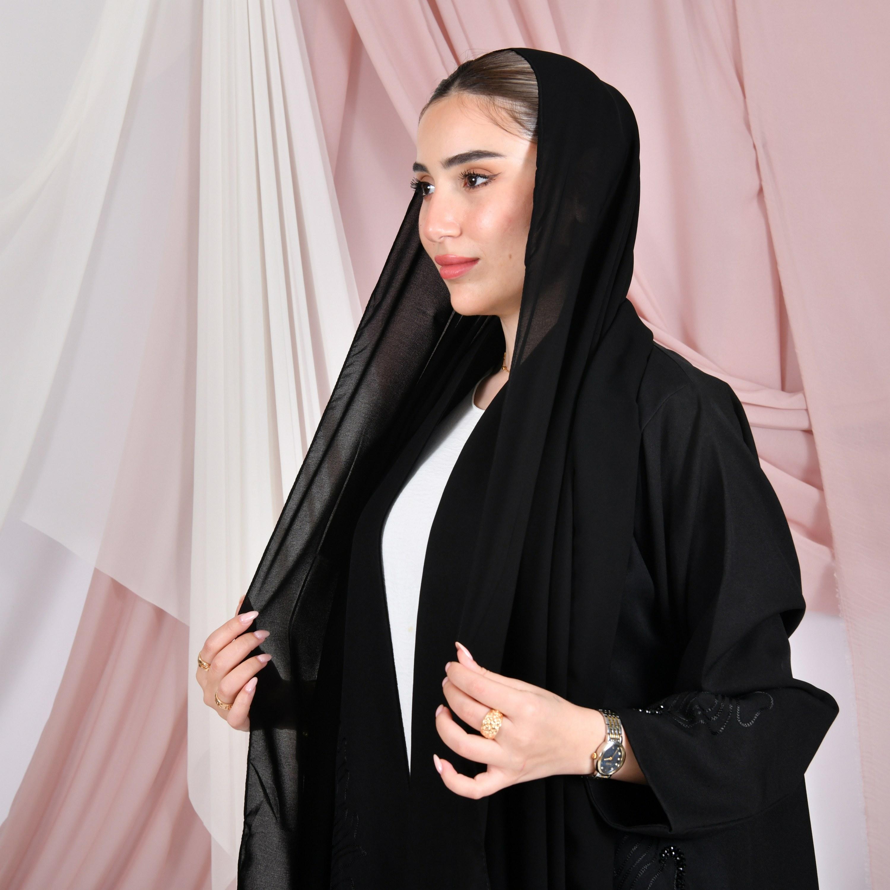 Hawraa Jacquard Lapel Collar Linen Women's Formal Coat Style Abaya with Hijab-women-arabicclothing-abayas-image-5