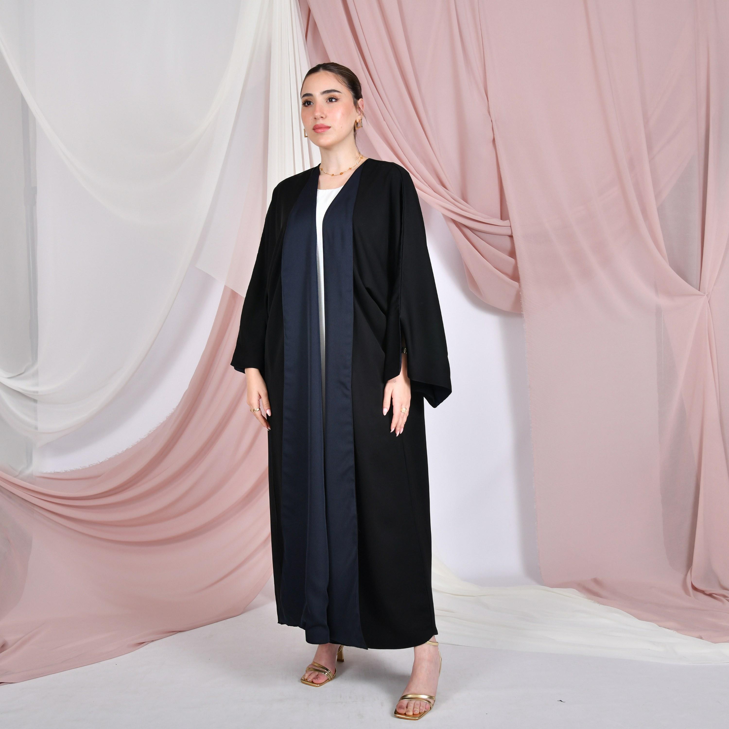 Hawraa Colour-Blocked Wide Slit Sleeves Linen Women's Double Face Abaya with Hijab-women-arabicclothing-abayas-image-1