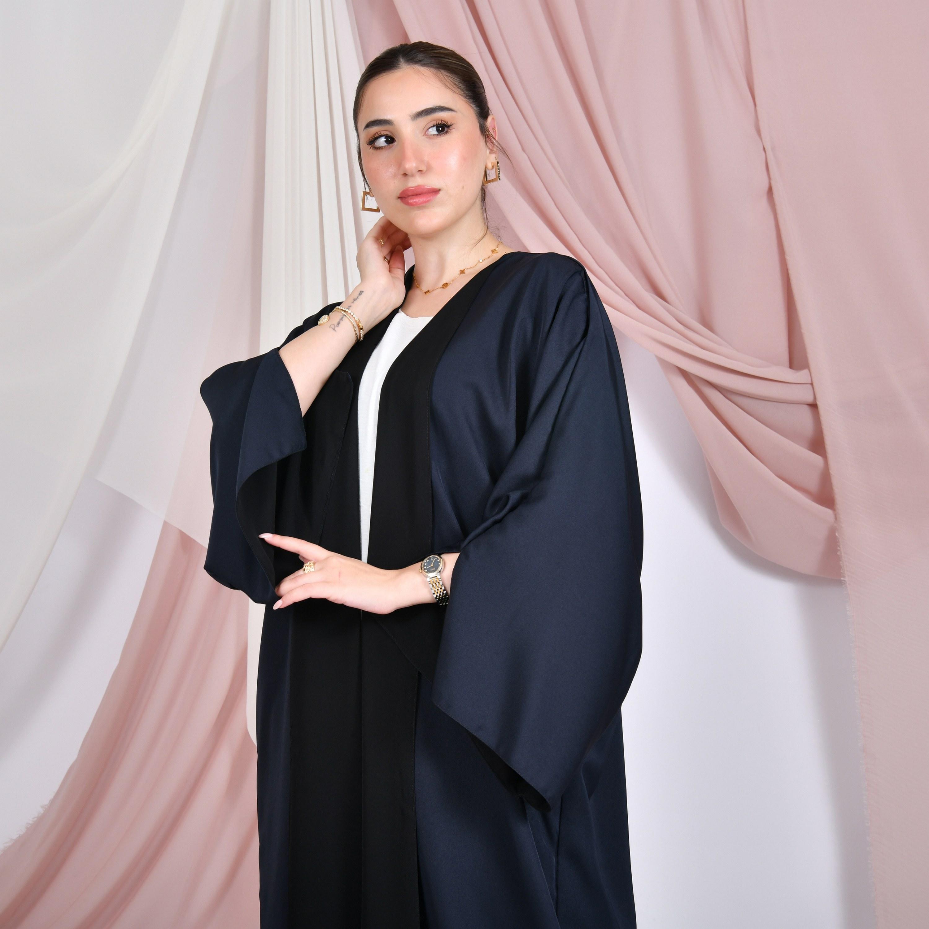 Hawraa Colour-Blocked Wide Slit Sleeves Linen Women's Double Face Abaya with Hijab-women-arabicclothing-abayas-image-2