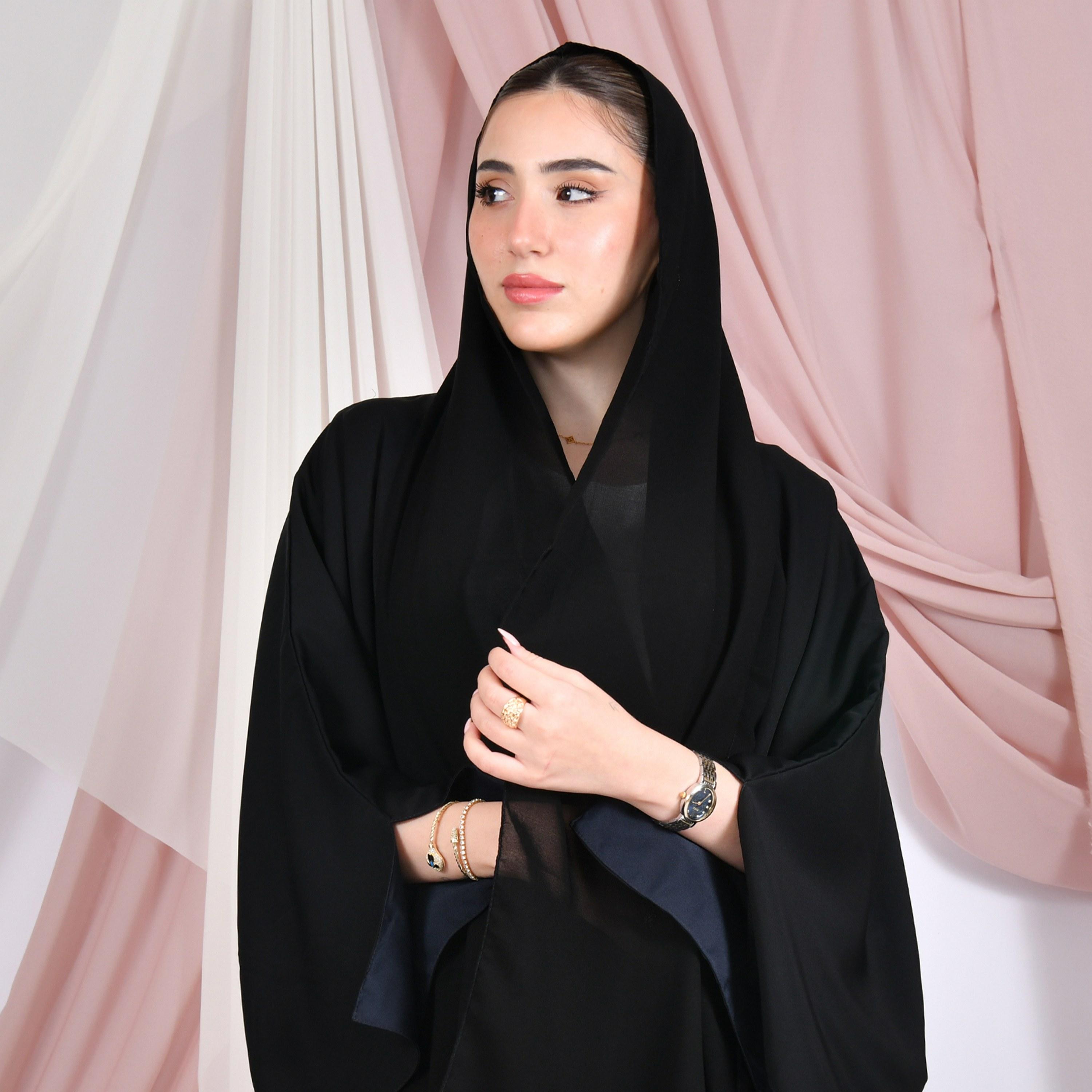 Hawraa Colour-Blocked Wide Slit Sleeves Linen Women's Double Face Abaya with Hijab-women-arabicclothing-abayas-image-3