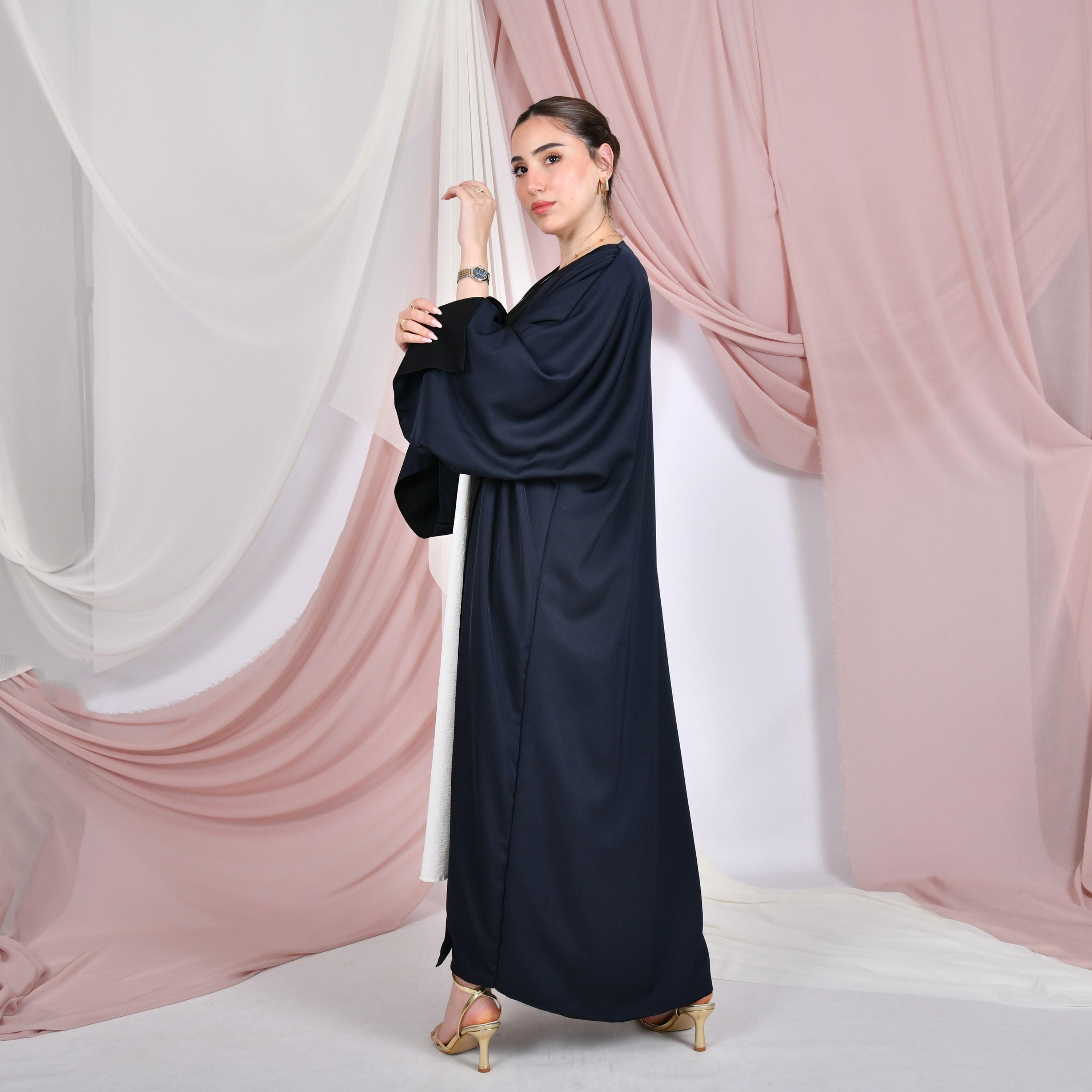 Hawraa Colour-Blocked Wide Slit Sleeves Linen Women's Double Face Abaya with Hijab-women-arabicclothing-abayas-image-4