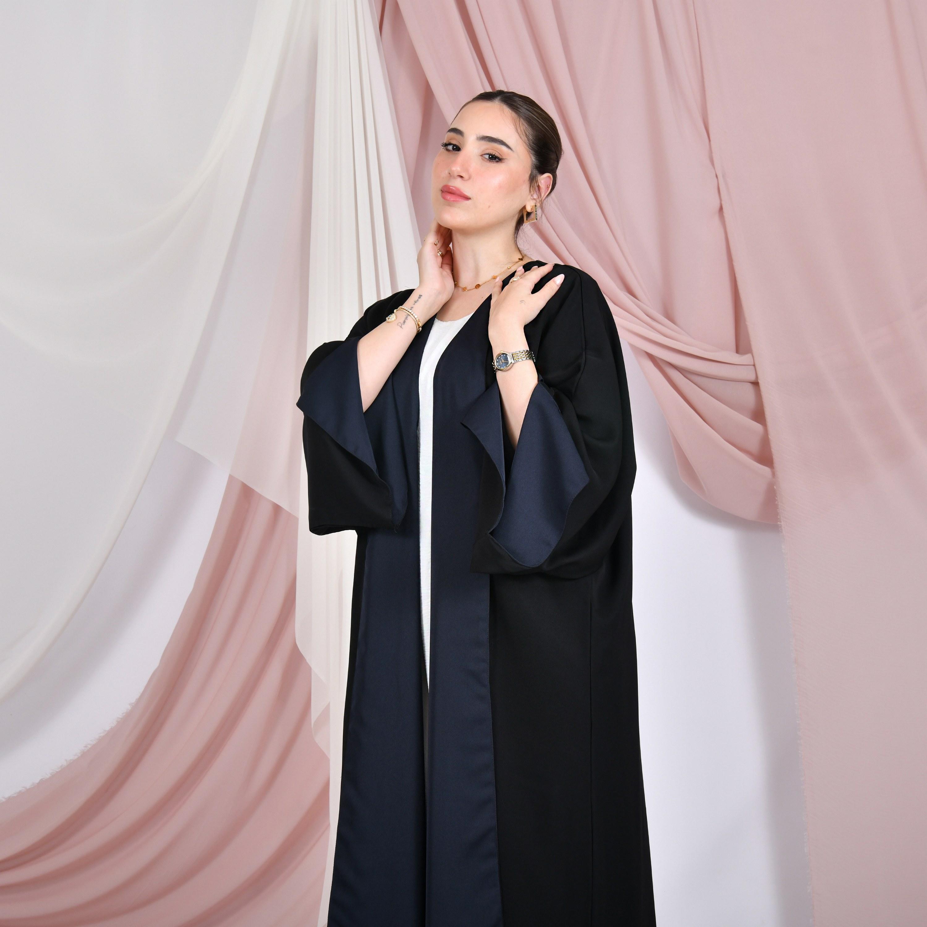 Hawraa Colour-Blocked Wide Slit Sleeves Linen Women's Double Face Abaya with Hijab-women-arabicclothing-abayas-image-6