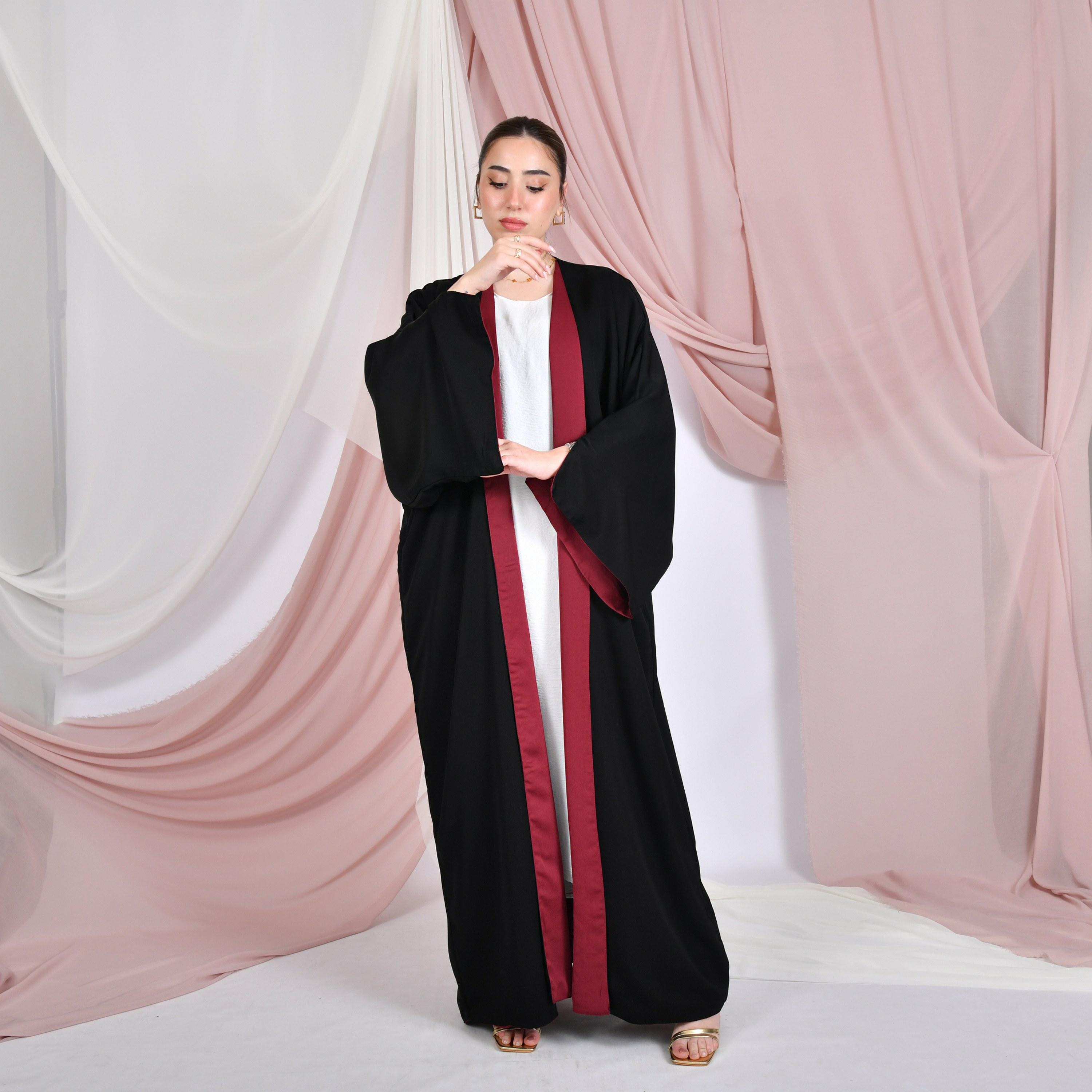 Hawraa Colour-Blocked Wide Slit Sleeves Linen Women's Double Face Abaya with Hijab-women-arabicclothing-abayas-image-1