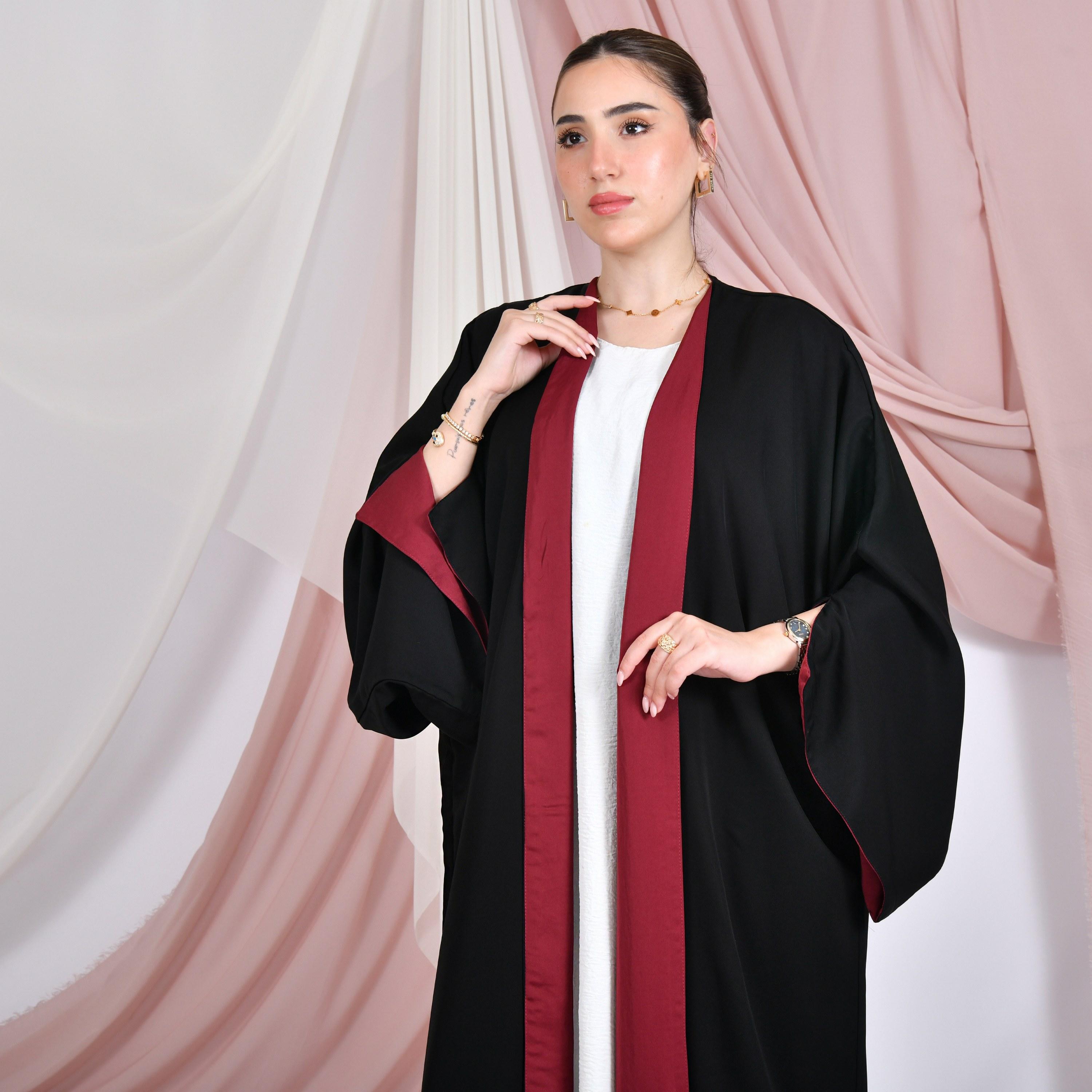 Hawraa Colour-Blocked Wide Slit Sleeves Linen Women's Double Face Abaya with Hijab-women-arabicclothing-abayas-image-3
