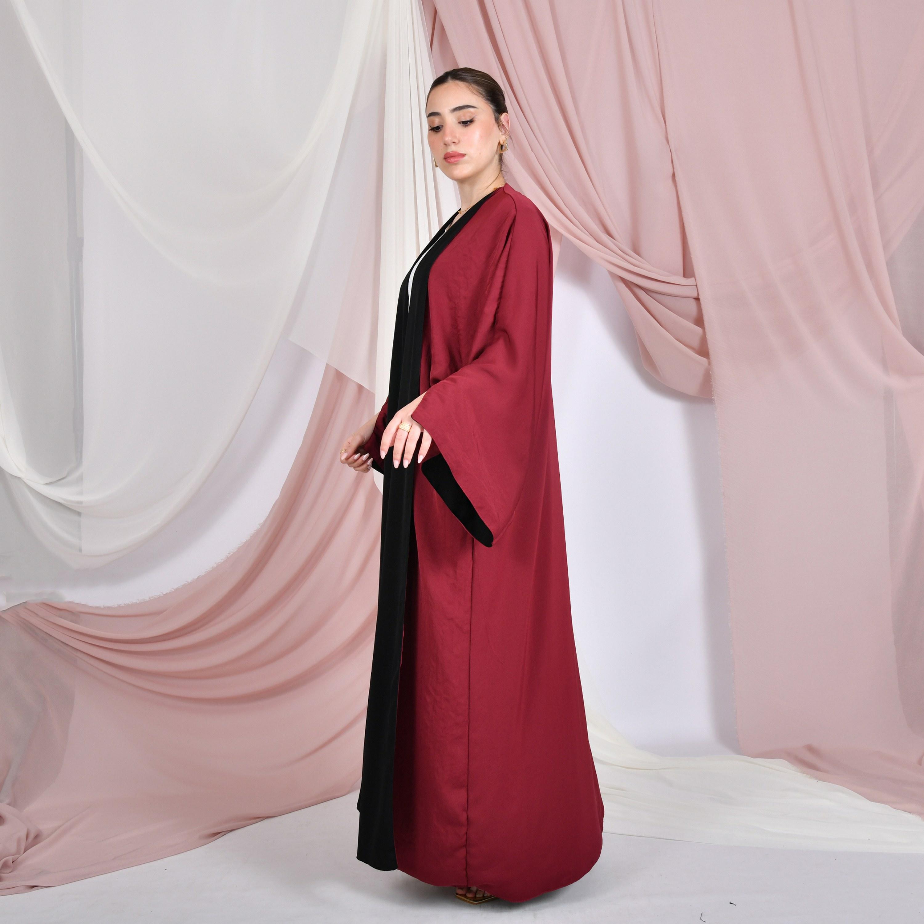 Hawraa Colour-Blocked Wide Slit Sleeves Linen Women's Double Face Abaya with Hijab-women-arabicclothing-abayas-image-4