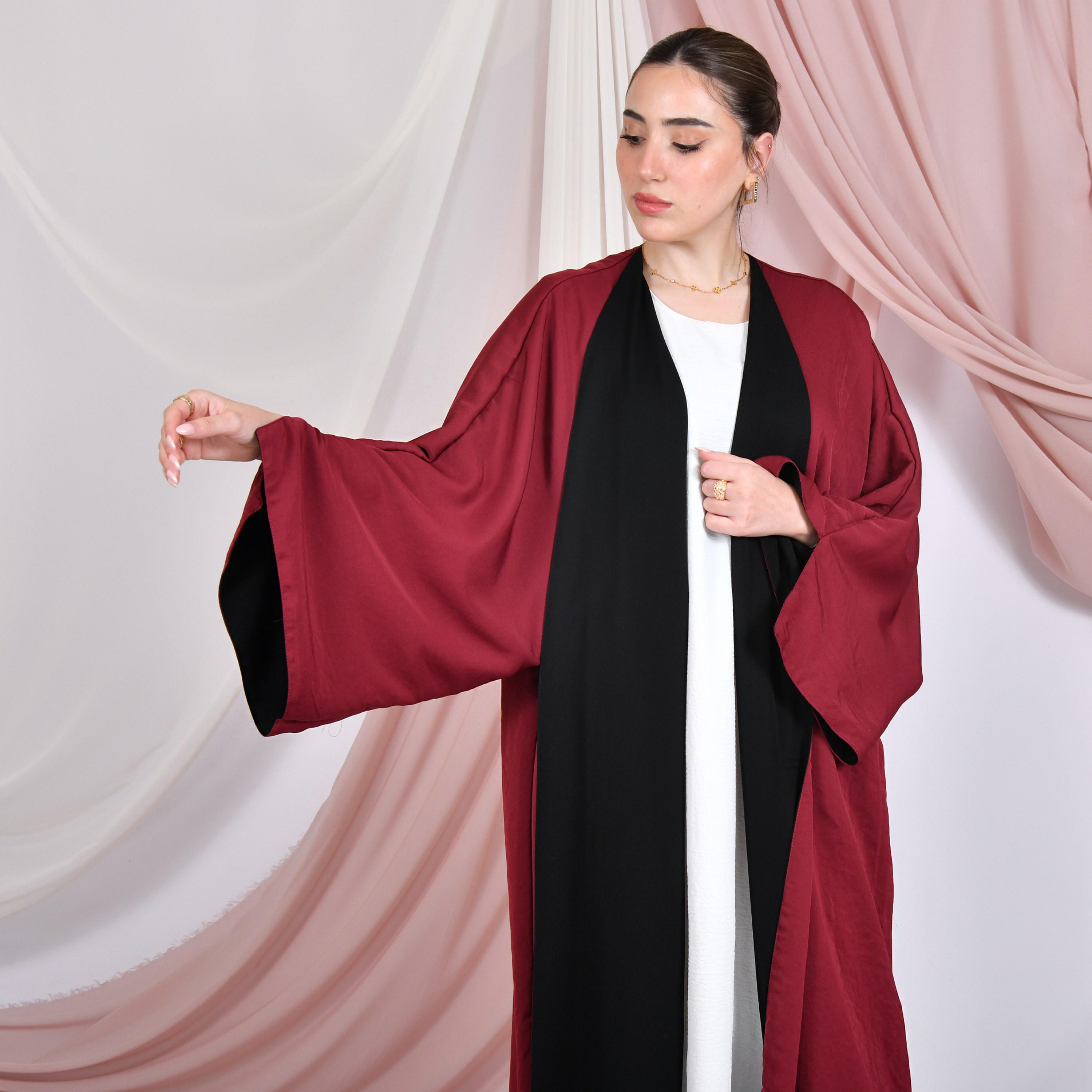 Hawraa Colour-Blocked Wide Slit Sleeves Linen Women's Double Face Abaya with Hijab-women-arabicclothing-abayas-image-5