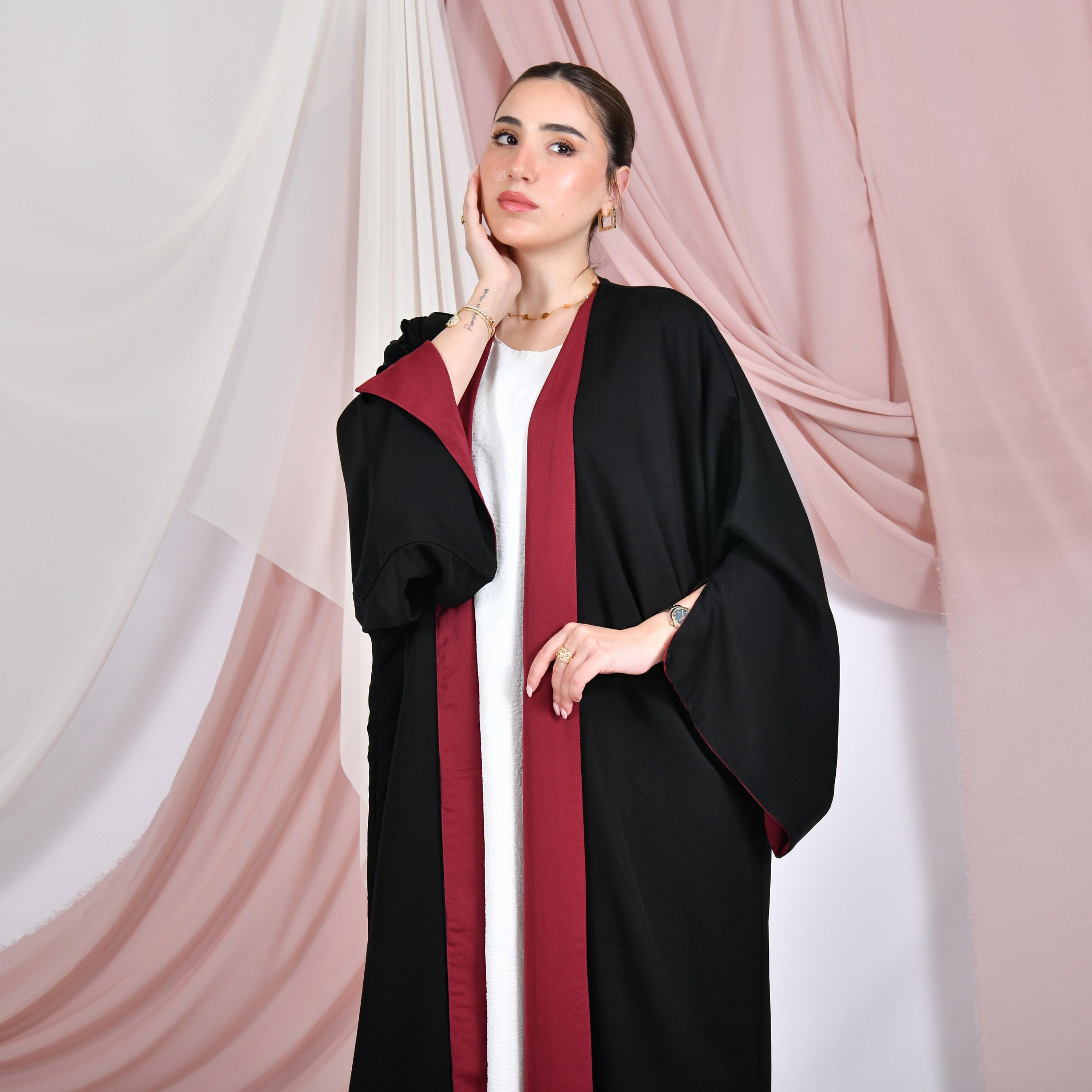 Hawraa Colour-Blocked Wide Slit Sleeves Linen Women's Double Face Abaya with Hijab-women-arabicclothing-abayas-image-6