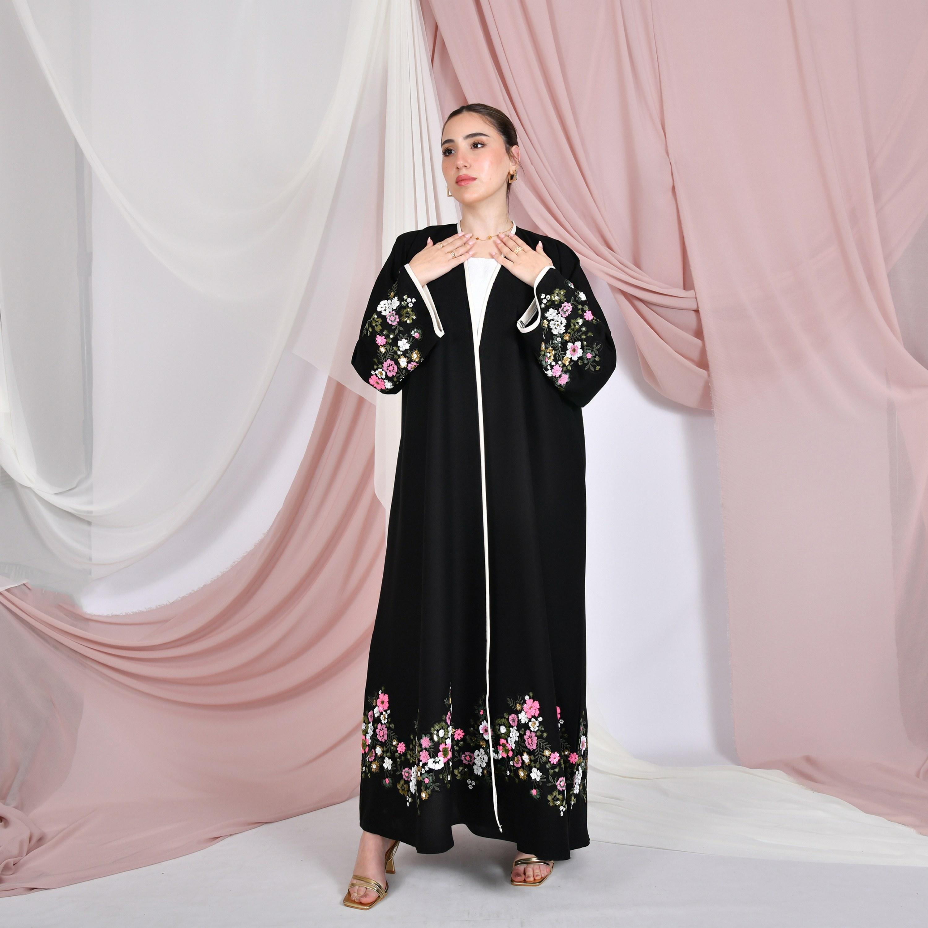 Hawraa Black Sequined Wide Sleeves Linen Women's Abaya with Hijab-women-arabicclothing-abayas-image-1