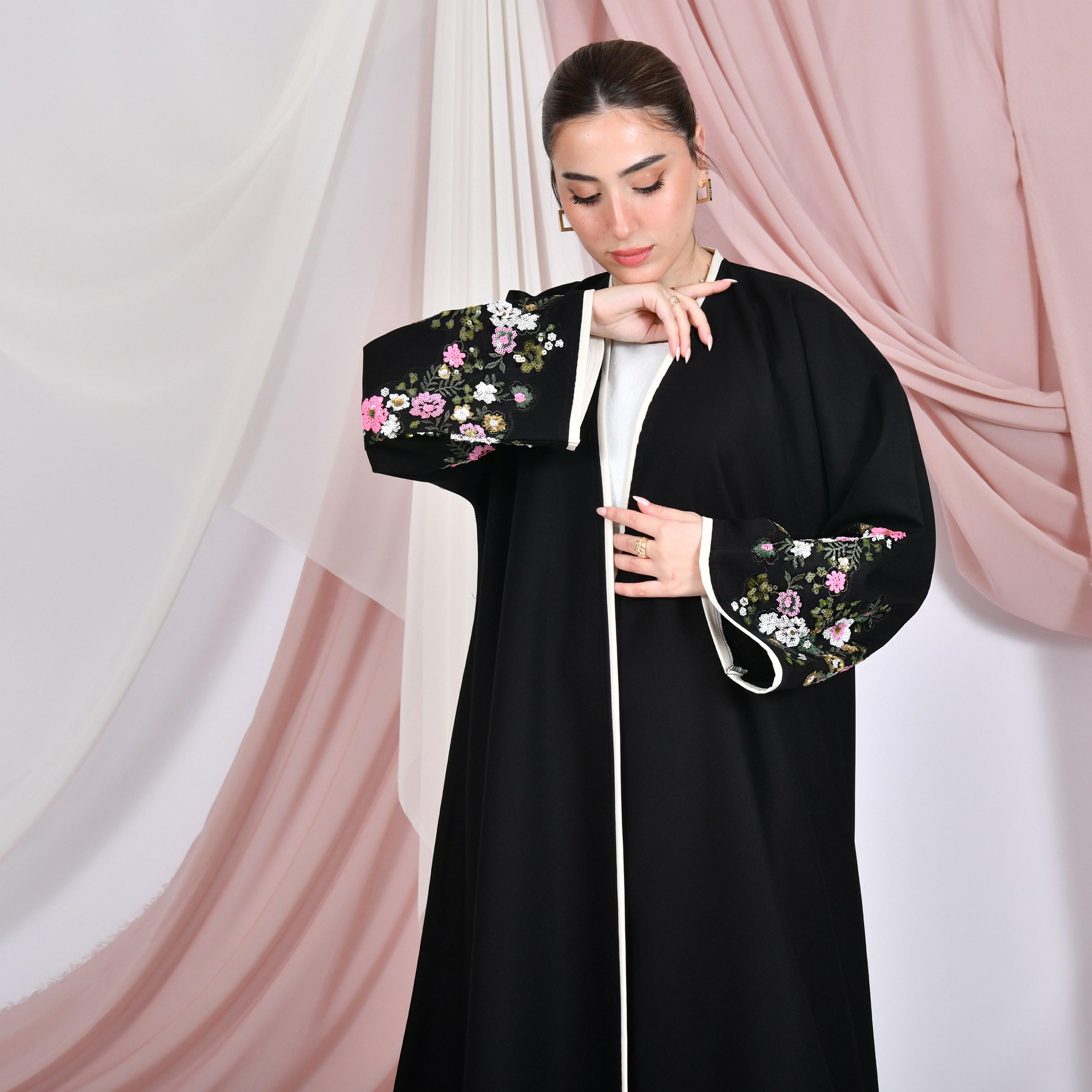 Hawraa Black Sequined Wide Sleeves Linen Women's Abaya with Hijab-women-arabicclothing-abayas-image-2