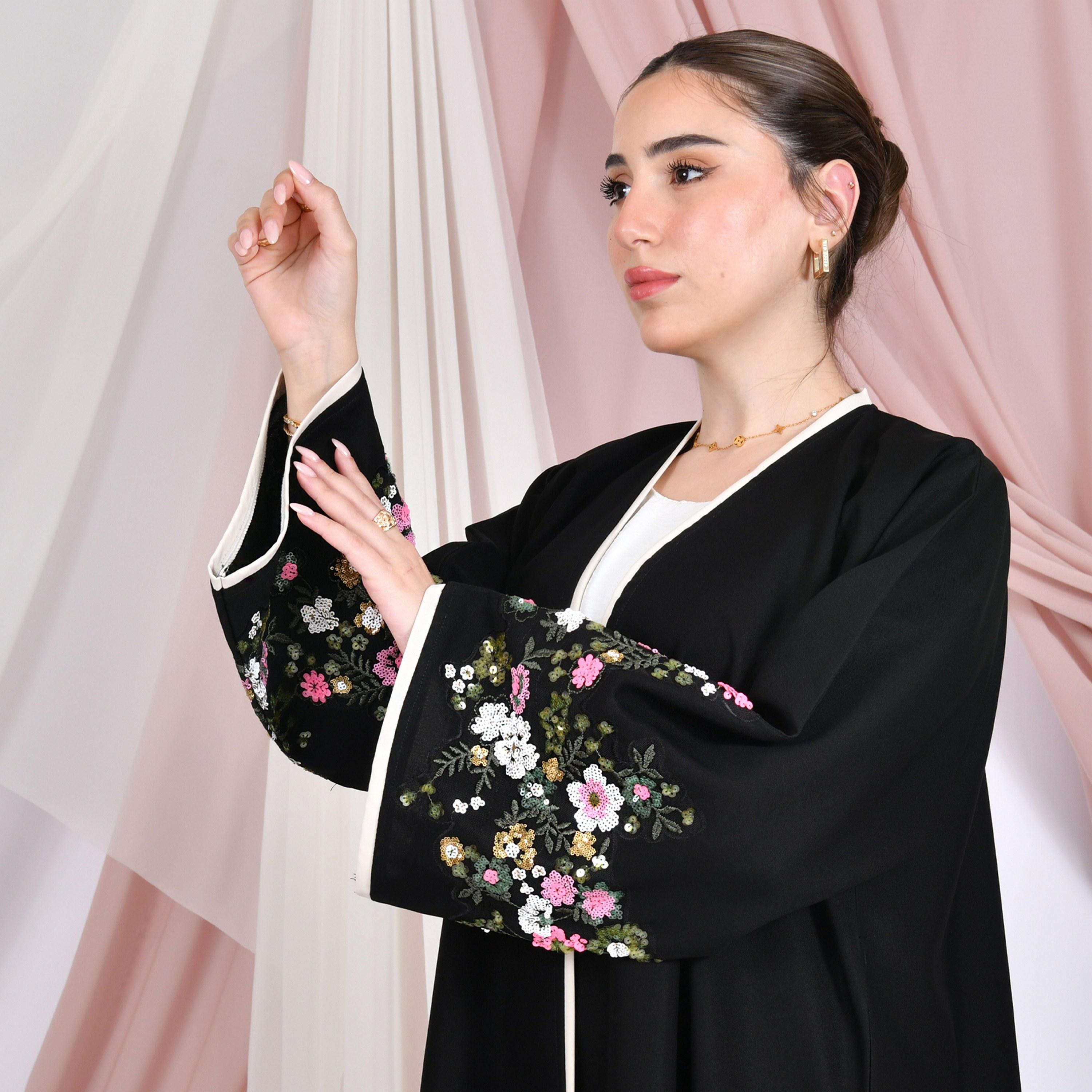 Hawraa Black Sequined Wide Sleeves Linen Women's Abaya with Hijab-women-arabicclothing-abayas-image-3