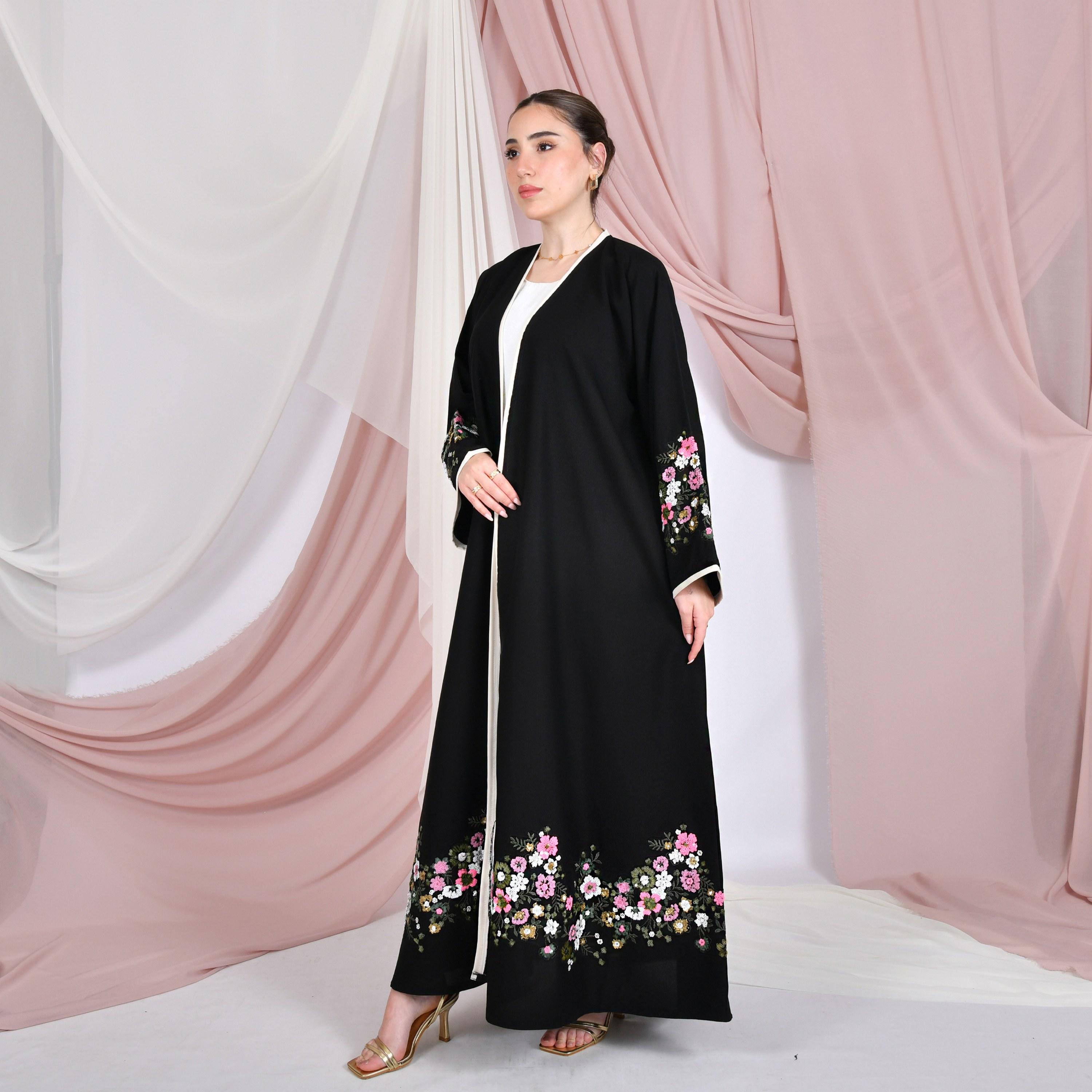 Hawraa Black Sequined Wide Sleeves Linen Women's Abaya with Hijab-women-arabicclothing-abayas-image-4