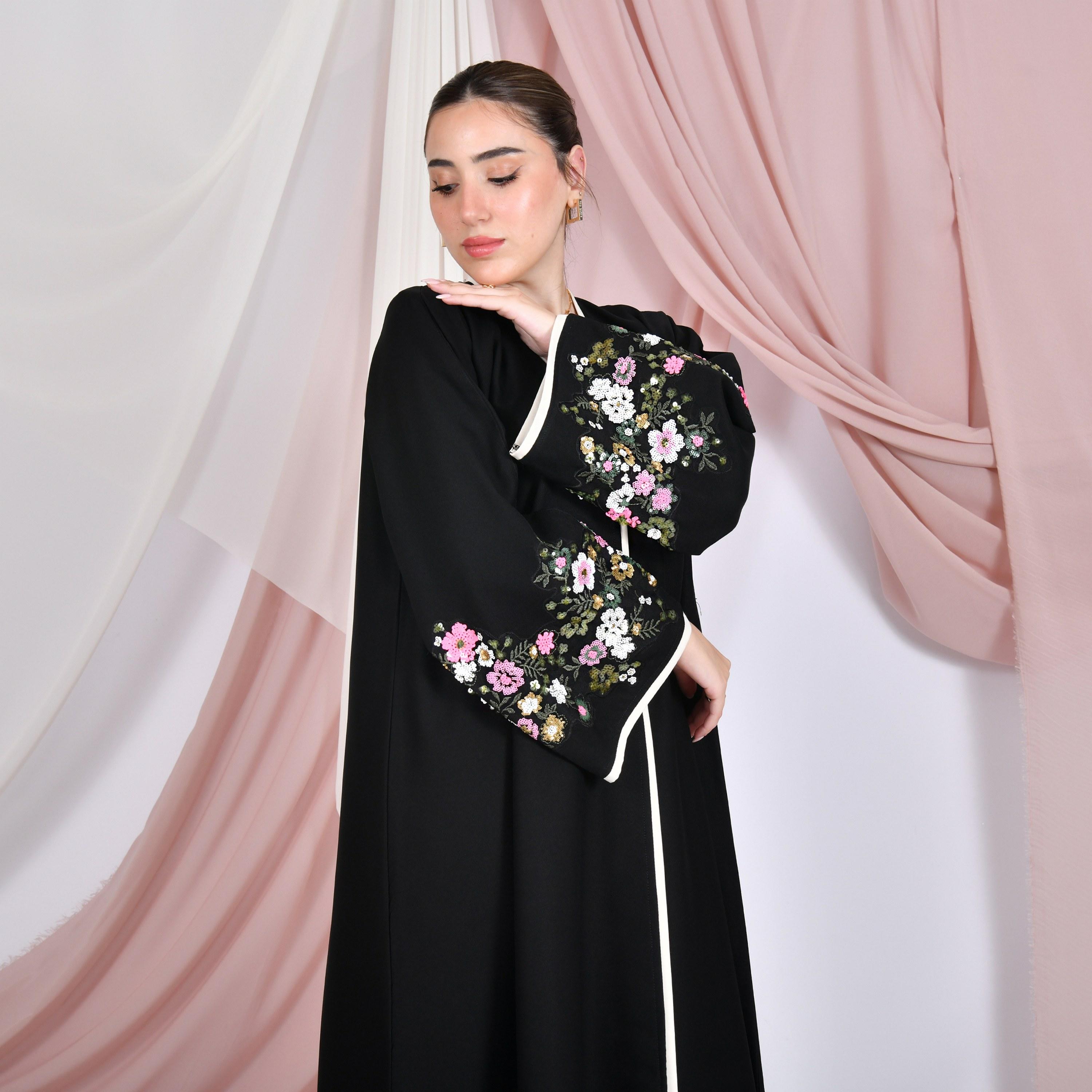 Hawraa Black Sequined Wide Sleeves Linen Women's Abaya with Hijab-women-arabicclothing-abayas-image-5