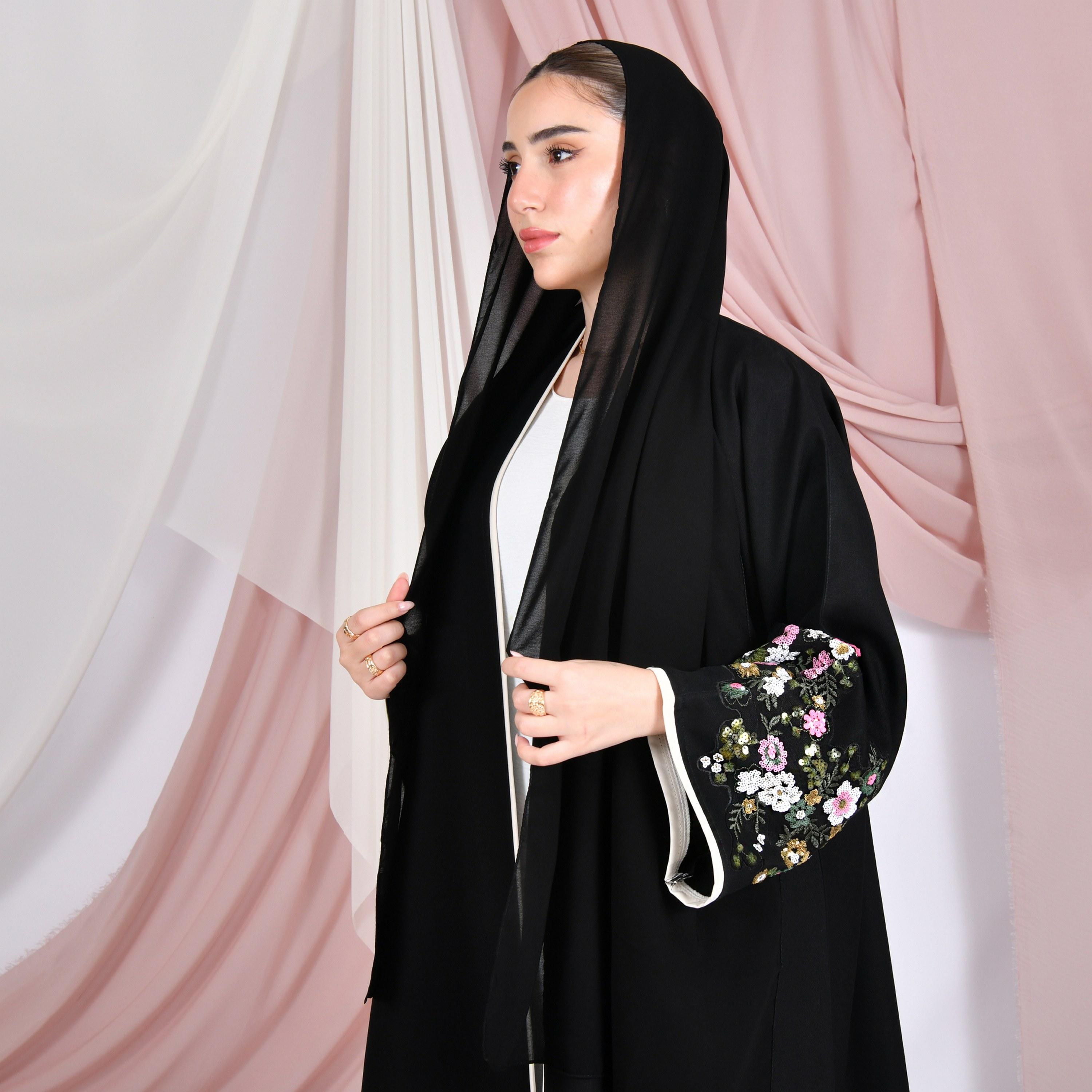 Hawraa Black Sequined Wide Sleeves Linen Women's Abaya with Hijab-women-arabicclothing-abayas-image-6