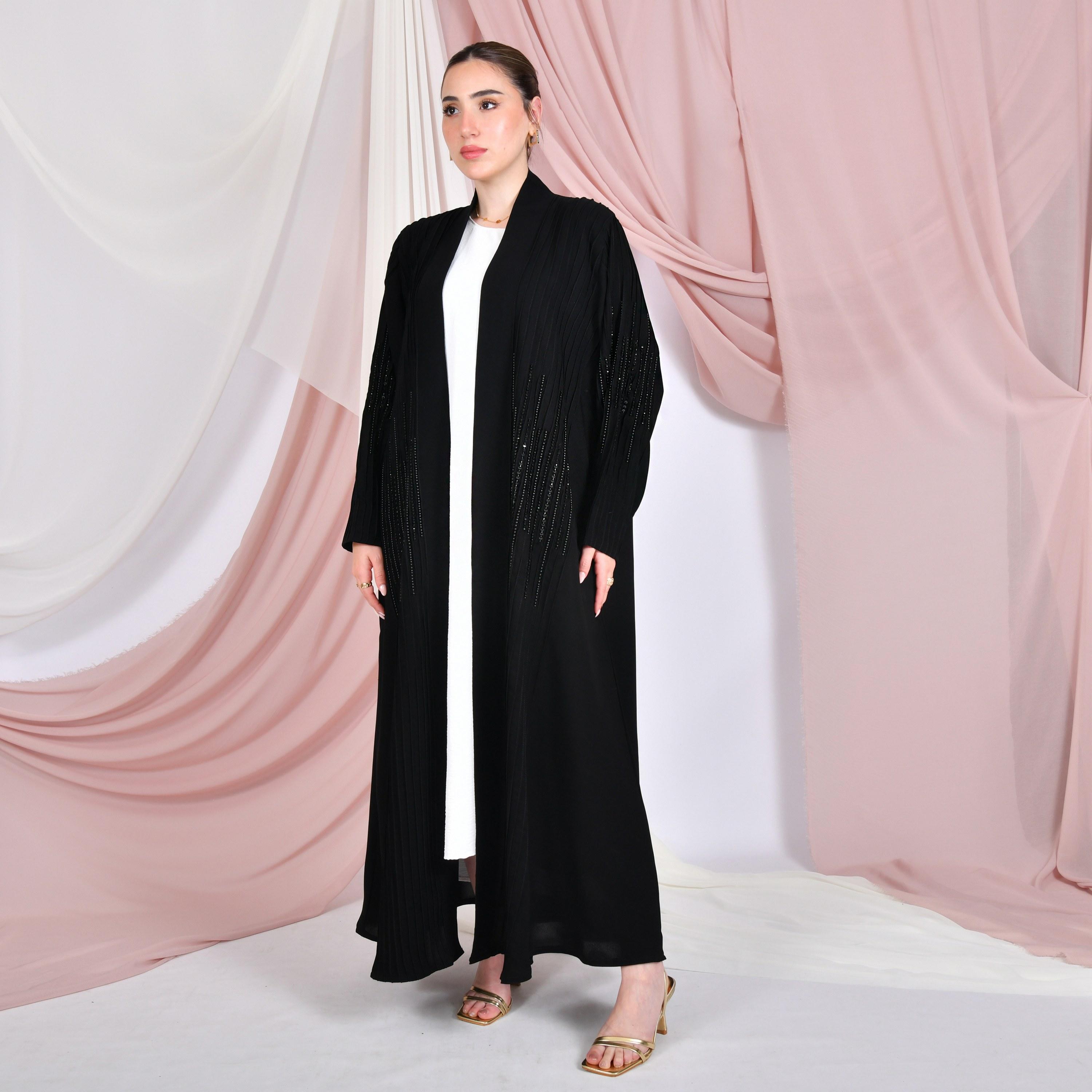 Hawraa Pin-Tuck & Bead Work Linen Women's Abaya with Hijab-women-arabicclothing-abayas-image-1