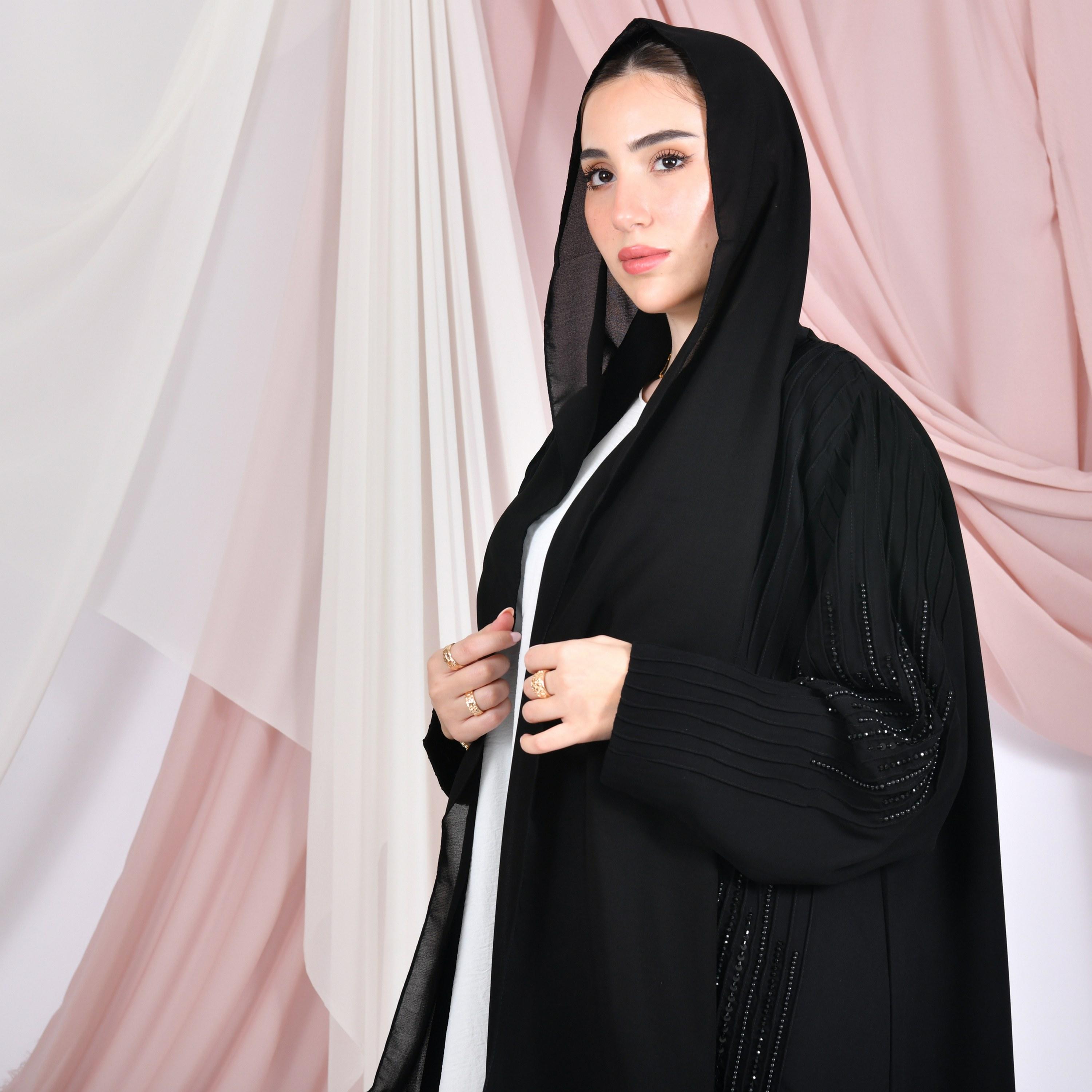 Hawraa Pin-Tuck & Bead Work Linen Women's Abaya with Hijab-women-arabicclothing-abayas-image-2