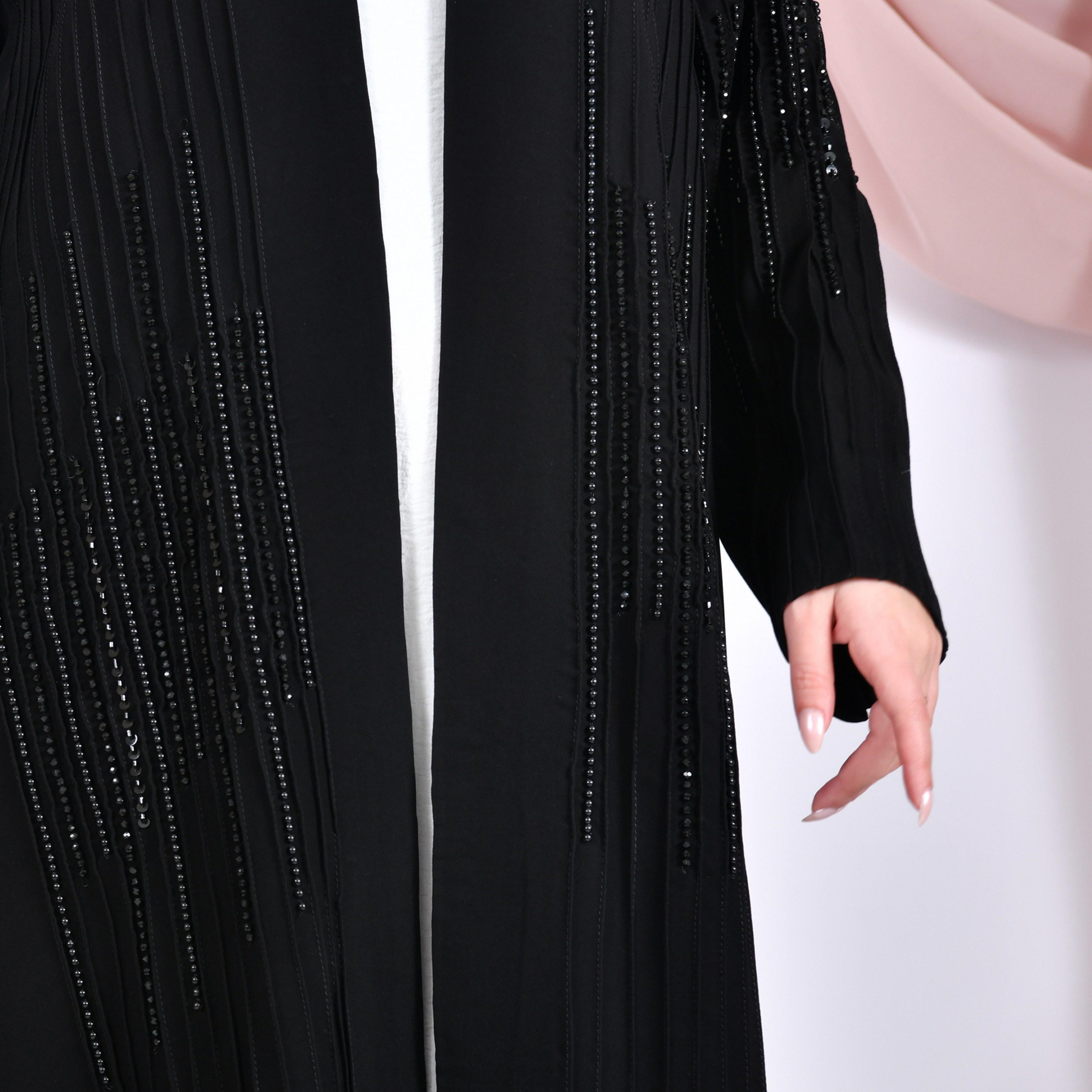 Hawraa Pin-Tuck & Bead Work Linen Women's Abaya with Hijab-women-arabicclothing-abayas-image-3