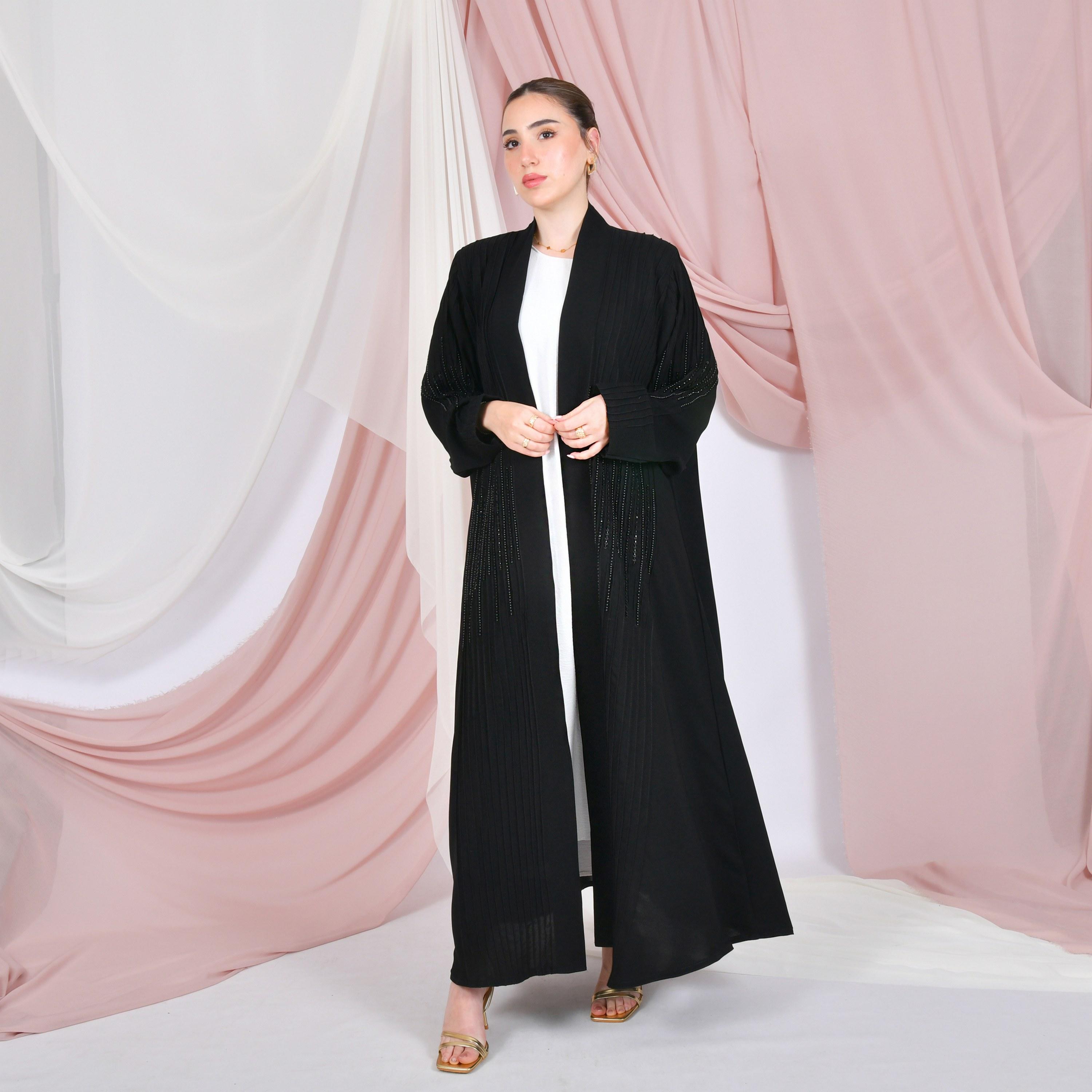 Hawraa Pin-Tuck & Bead Work Linen Women's Abaya with Hijab-women-arabicclothing-abayas-image-4