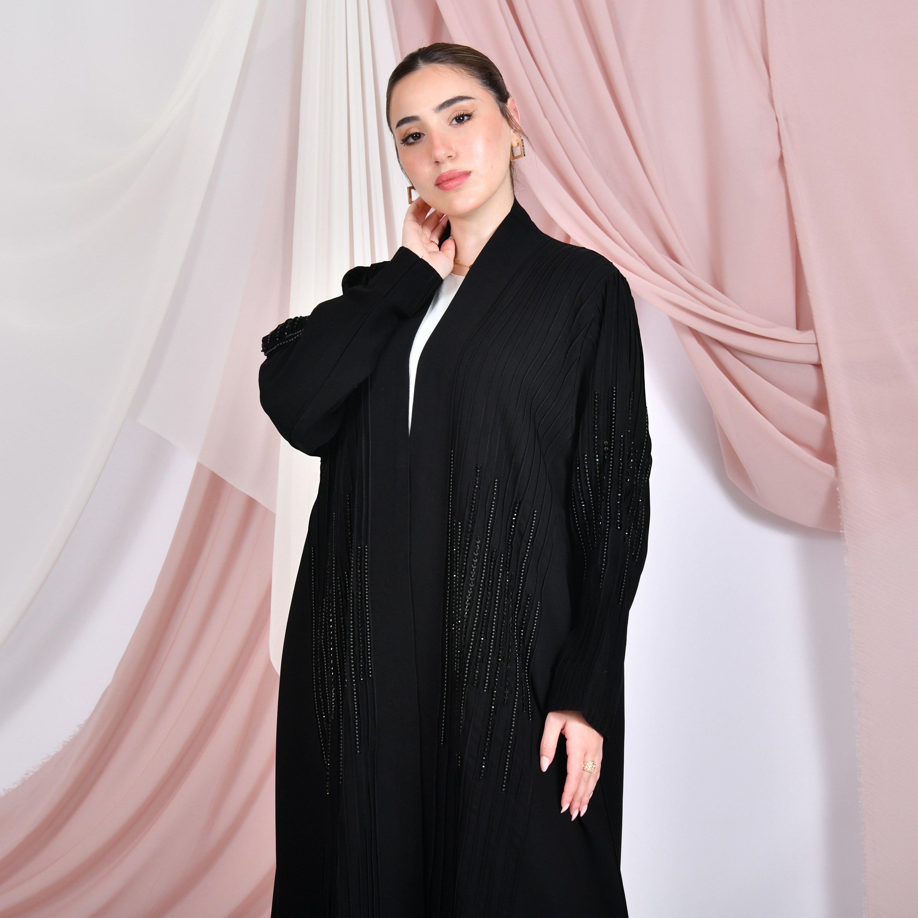 Hawraa Pin-Tuck & Bead Work Linen Women's Abaya with Hijab-women-arabicclothing-abayas-image-5