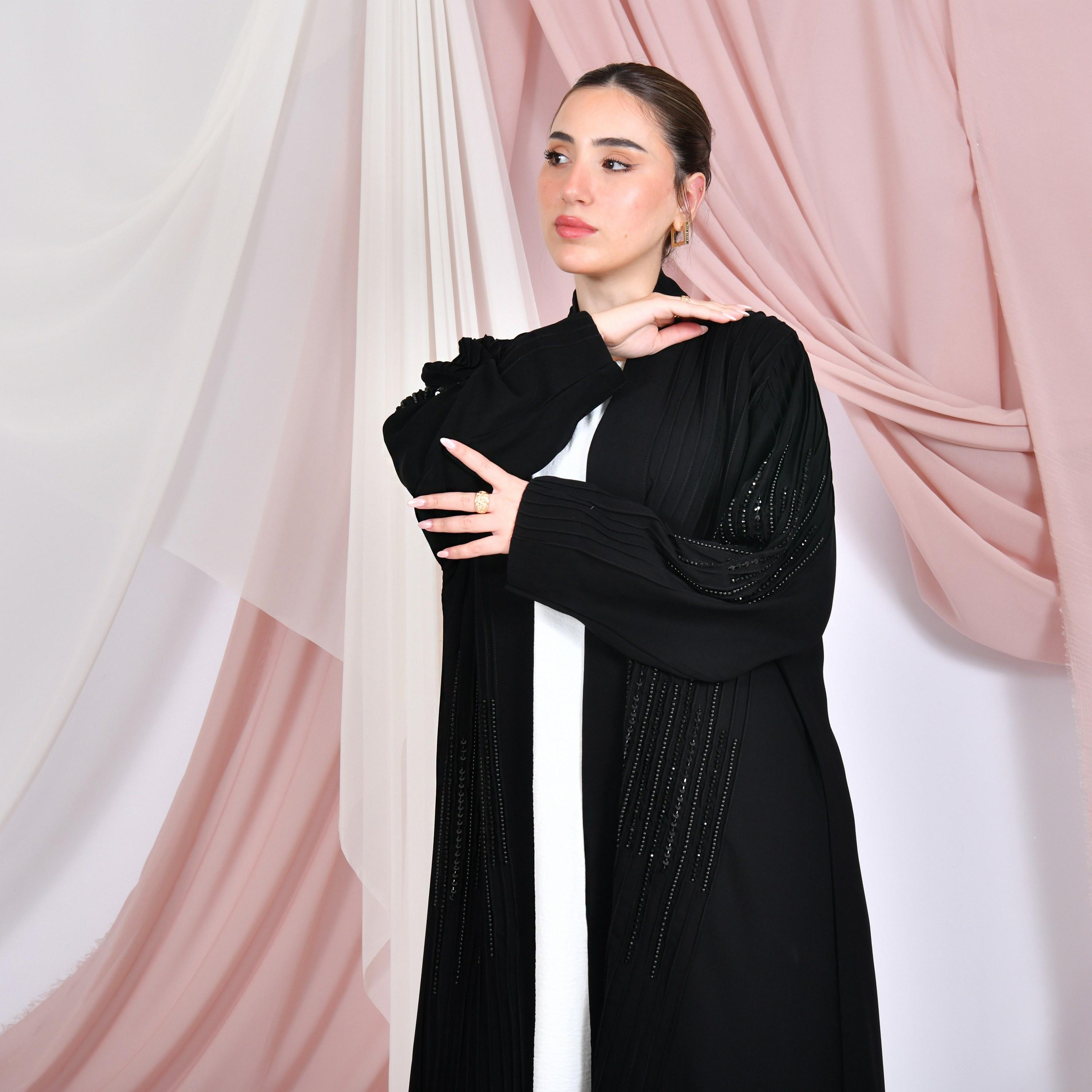 Hawraa Pin-Tuck & Bead Work Linen Women's Abaya with Hijab-women-arabicclothing-abayas-image-6