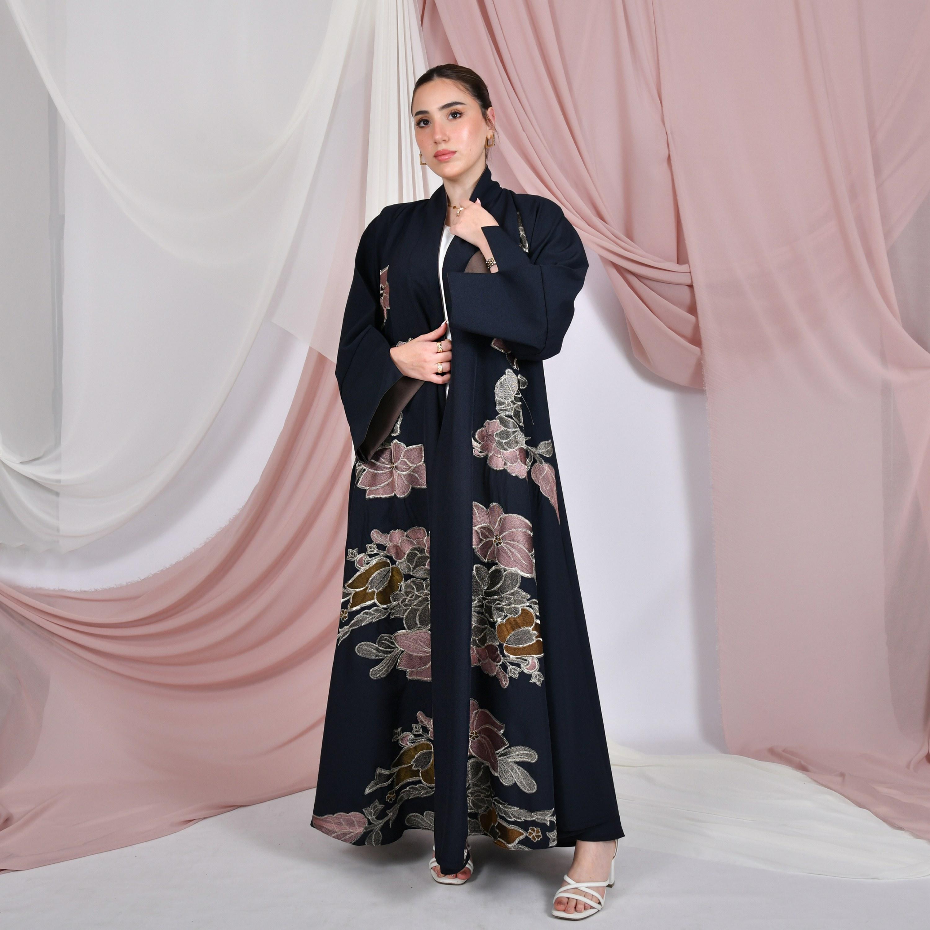 Hawraa Navy Blue Floral Embroidered Wide Slit Sleeves Linen Women's Abaya-women-arabicclothing-abayas-image-1