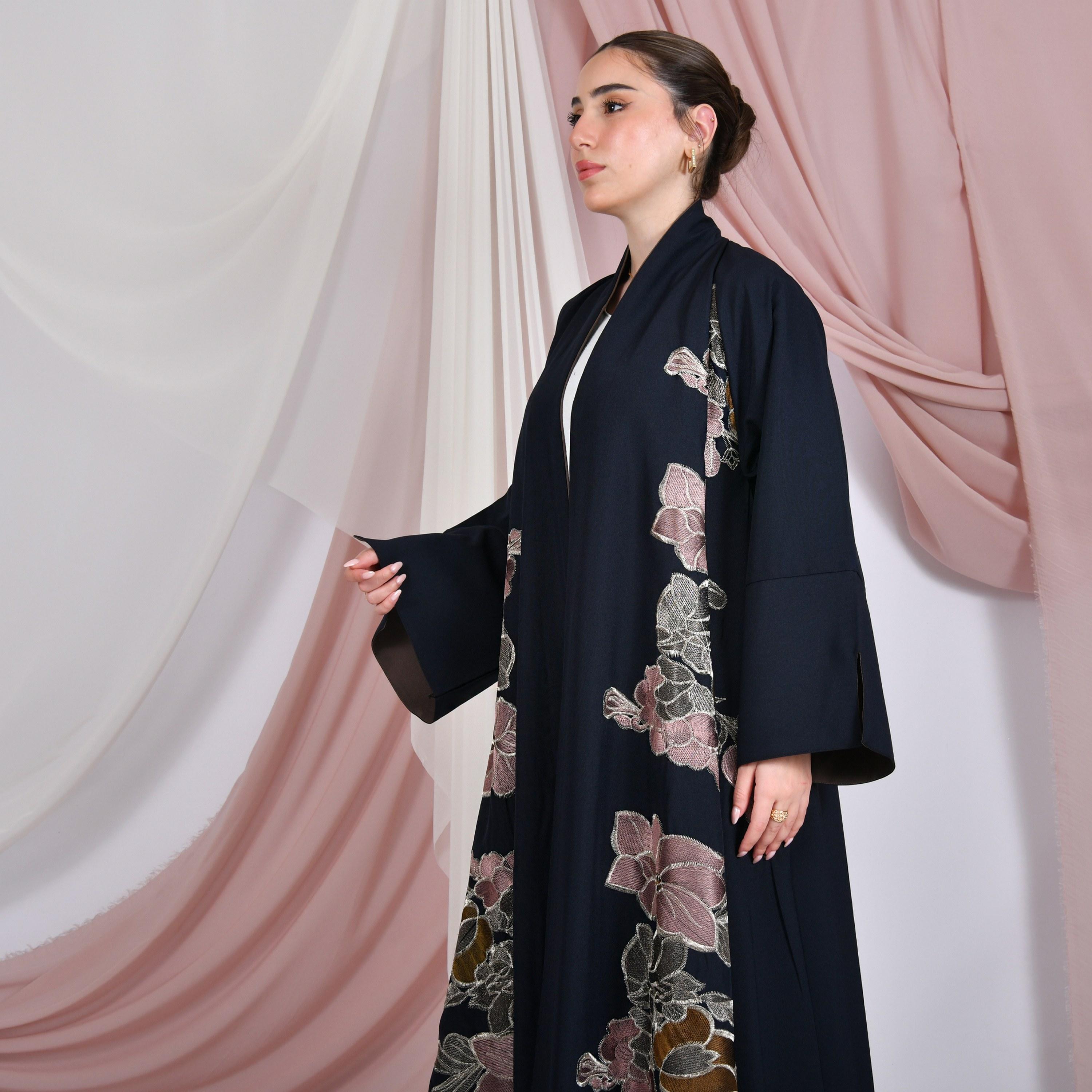 Hawraa Navy Blue Floral Embroidered Wide Slit Sleeves Linen Women's Abaya-women-arabicclothing-abayas-image-2