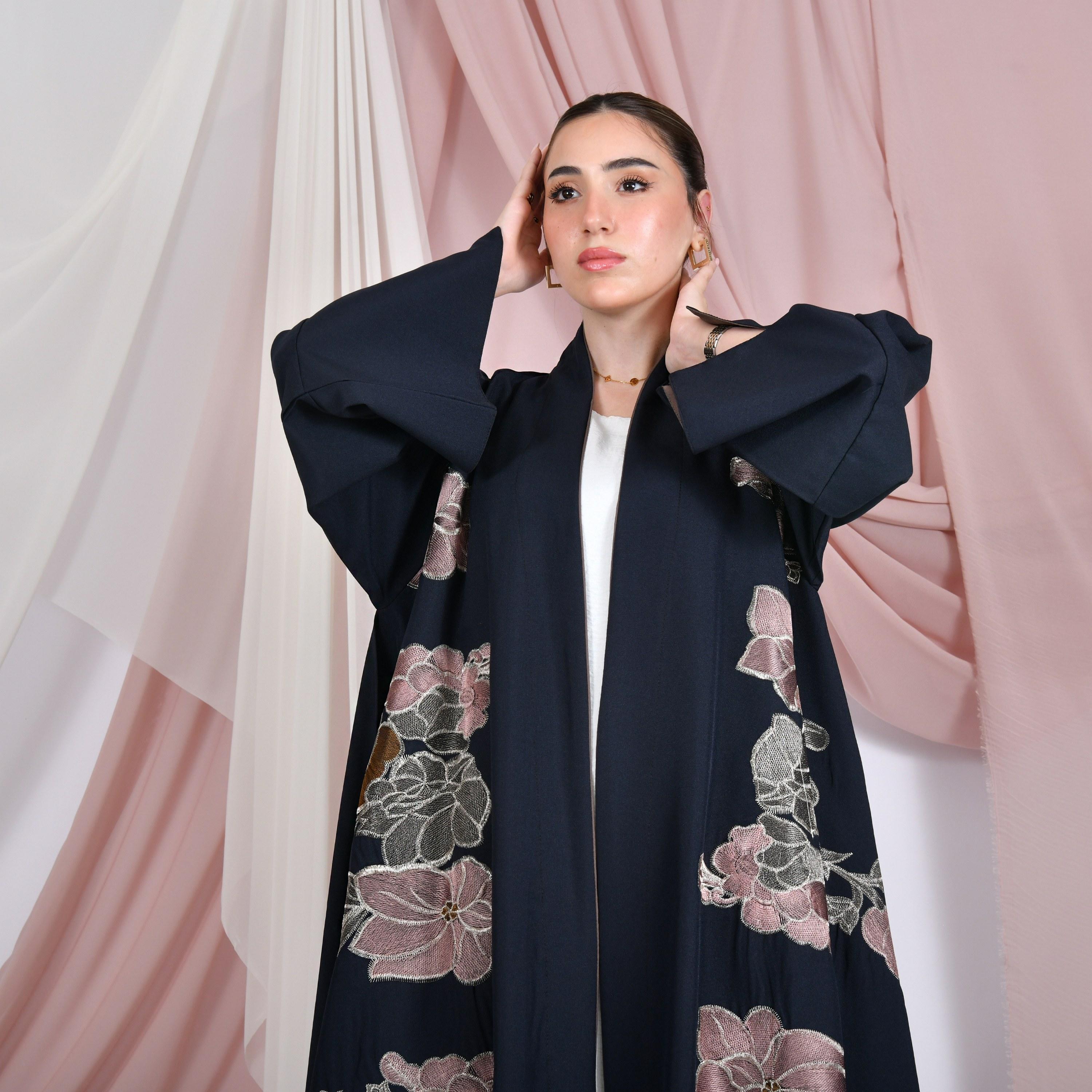 Hawraa Navy Blue Floral Embroidered Wide Slit Sleeves Linen Women's Abaya-women-arabicclothing-abayas-image-3