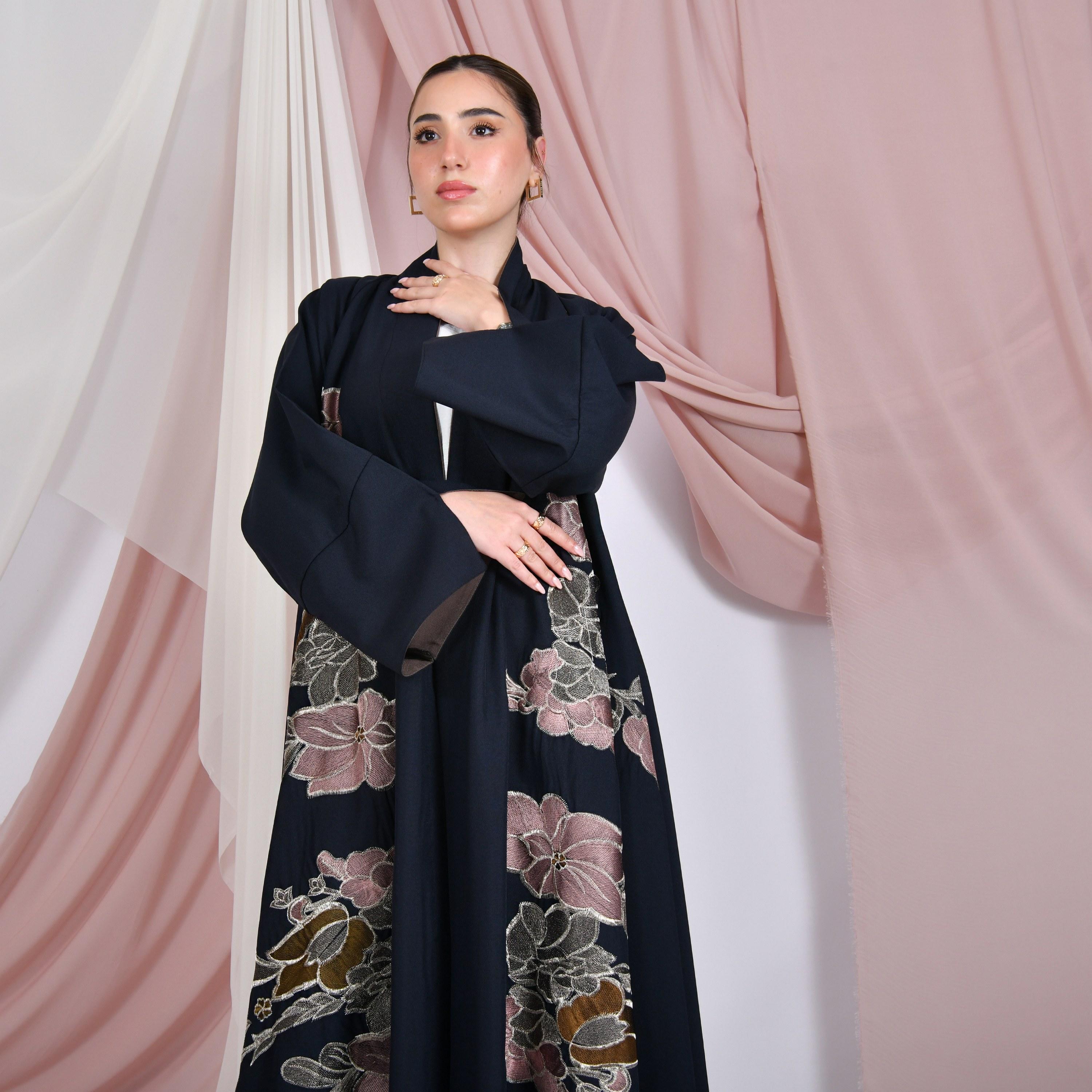 Hawraa Navy Blue Floral Embroidered Wide Slit Sleeves Linen Women's Abaya-women-arabicclothing-abayas-image-4