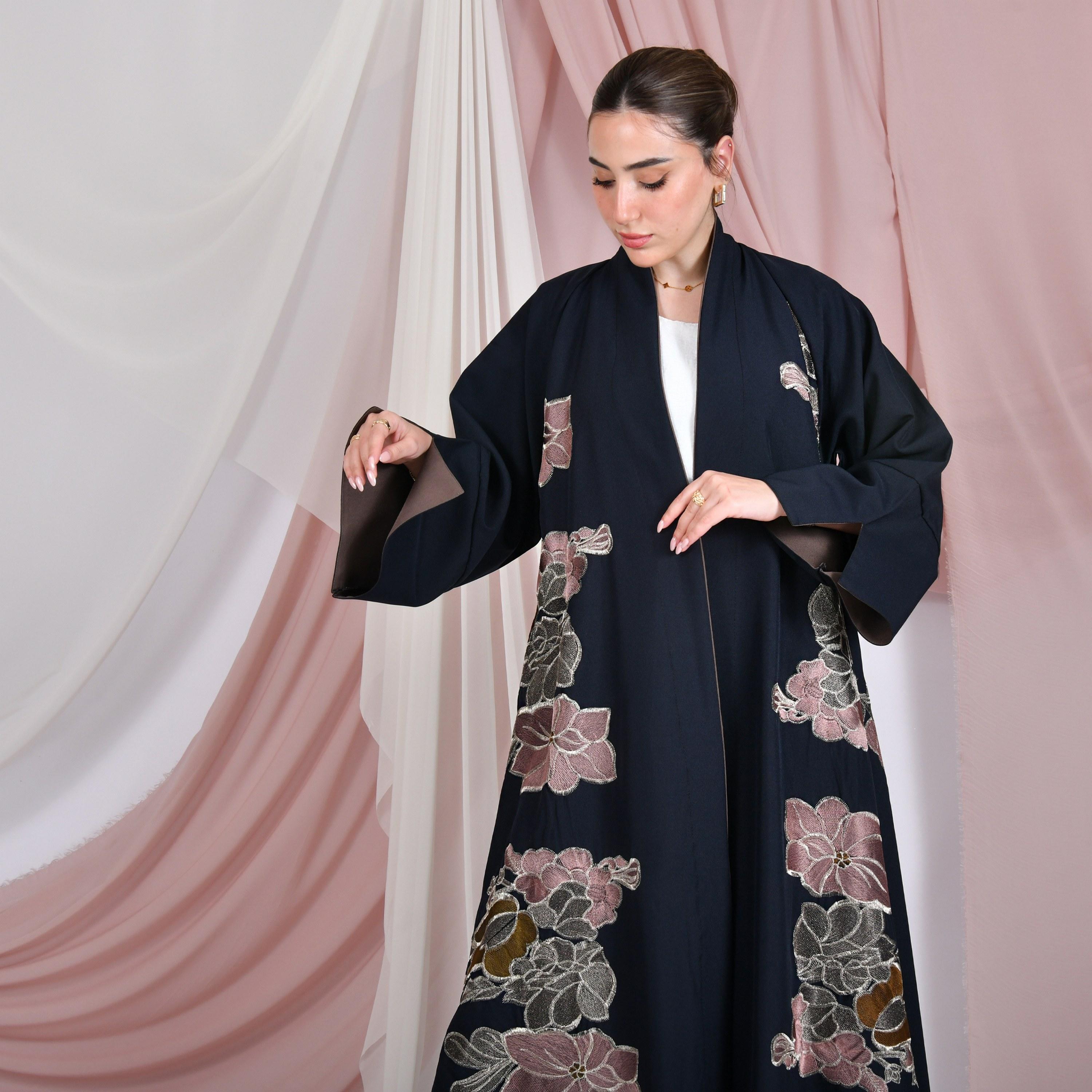 Hawraa Navy Blue Floral Embroidered Wide Slit Sleeves Linen Women's Abaya-women-arabicclothing-abayas-image-5