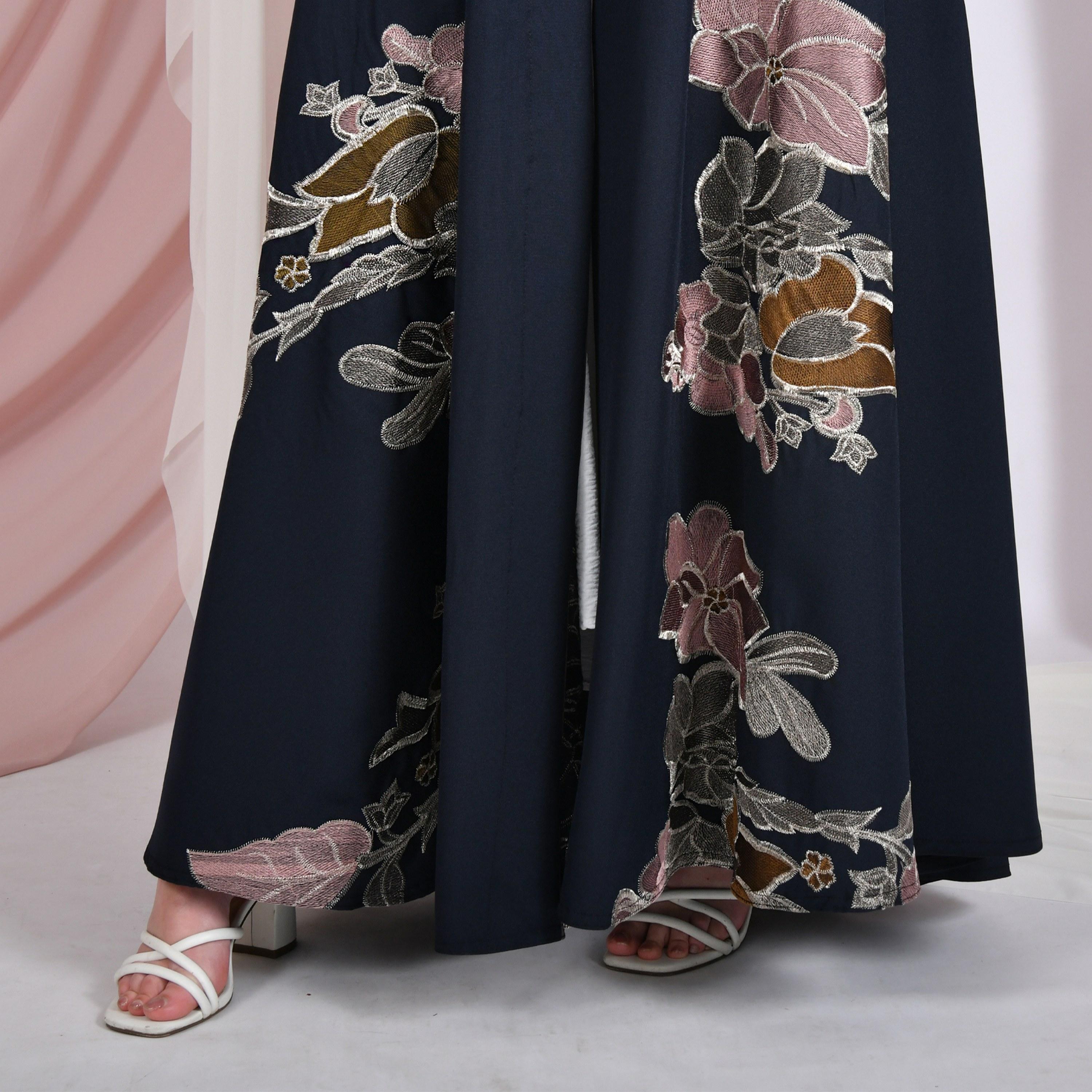 Hawraa Navy Blue Floral Embroidered Wide Slit Sleeves Linen Women's Abaya-women-arabicclothing-abayas-image-6