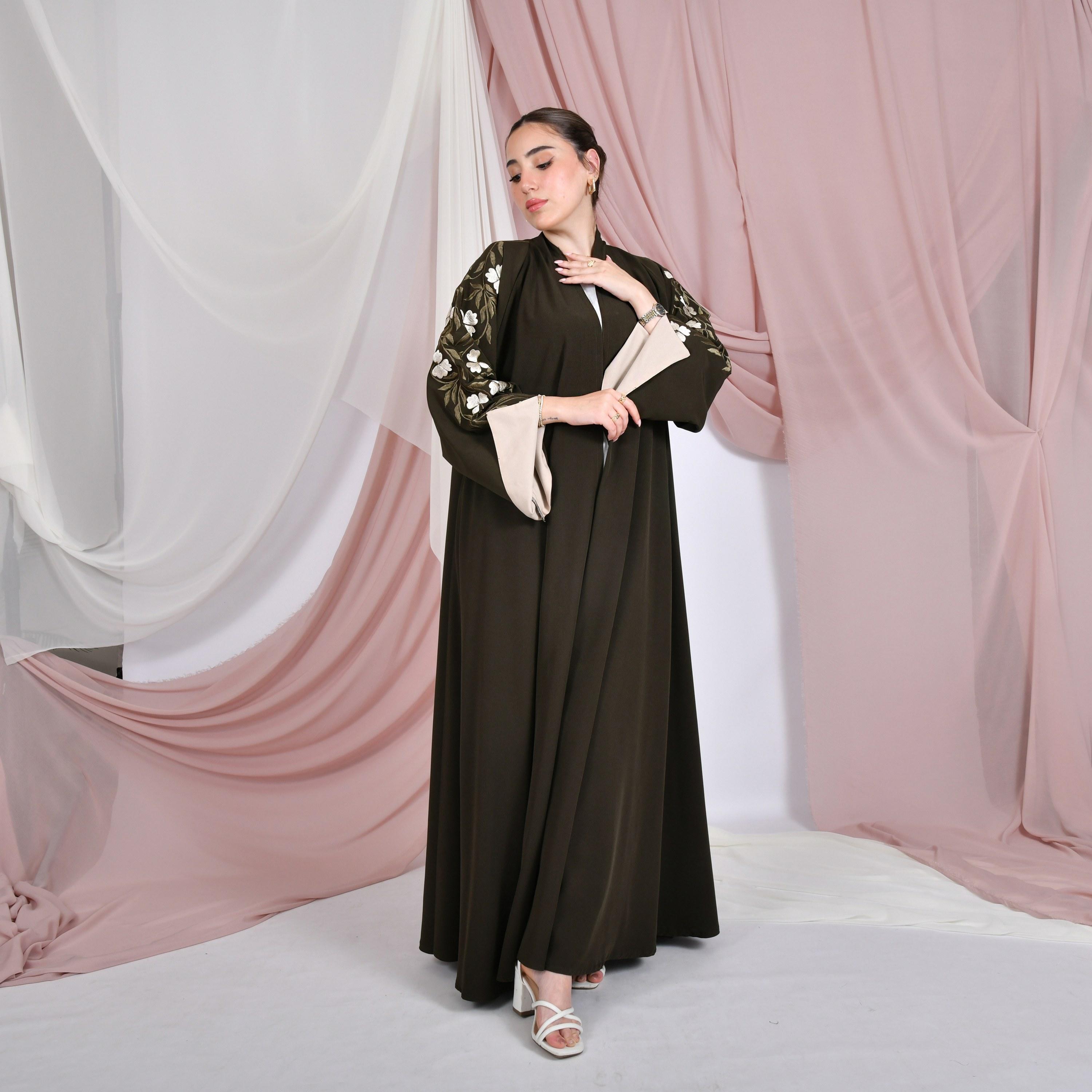 Hawraa Floral Embroidered Wide Slit Sleeves Linen Women's Abaya with Hijab-women-arabicclothing-abayas-image-1