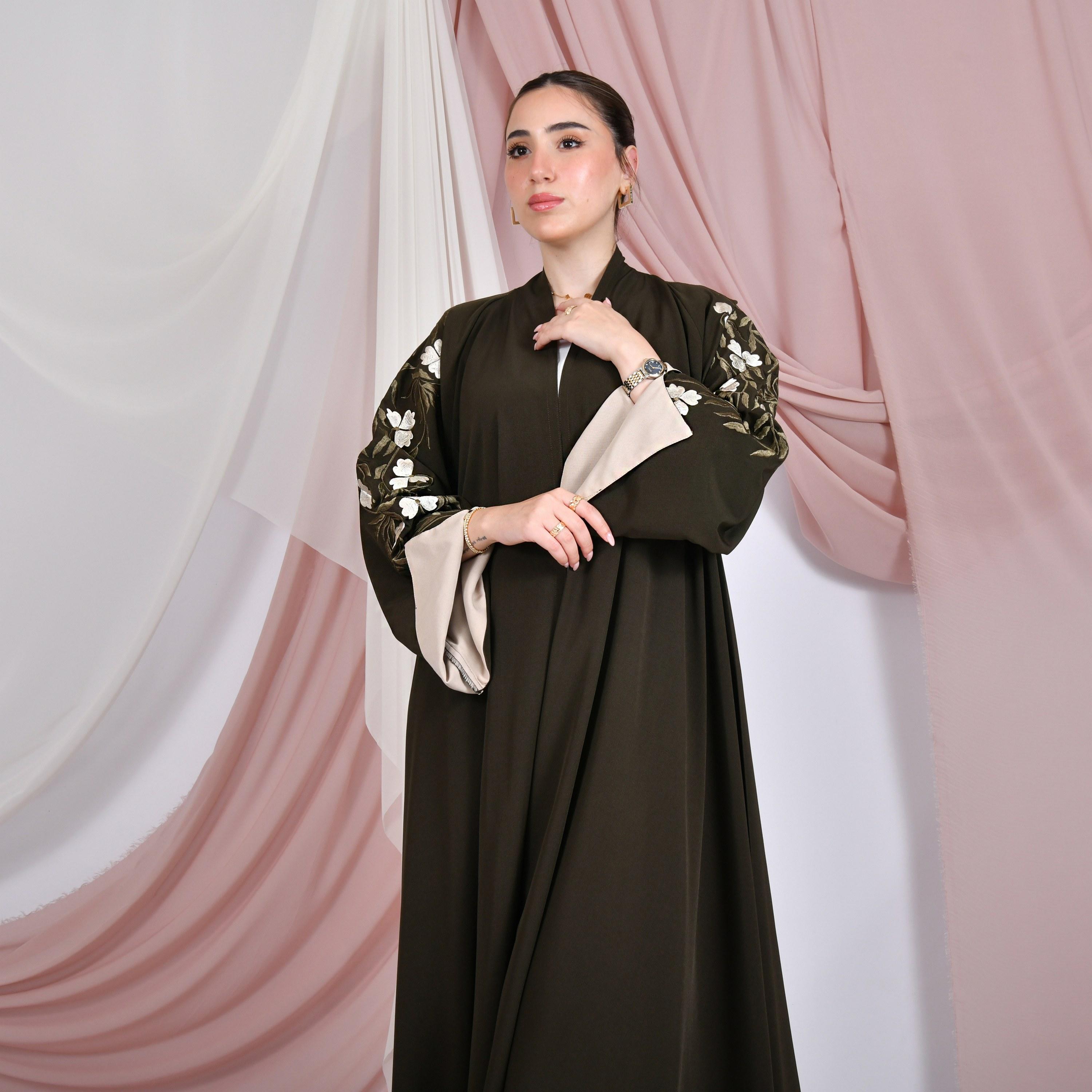 Hawraa Floral Embroidered Wide Slit Sleeves Linen Women's Abaya with Hijab-women-arabicclothing-abayas-image-2