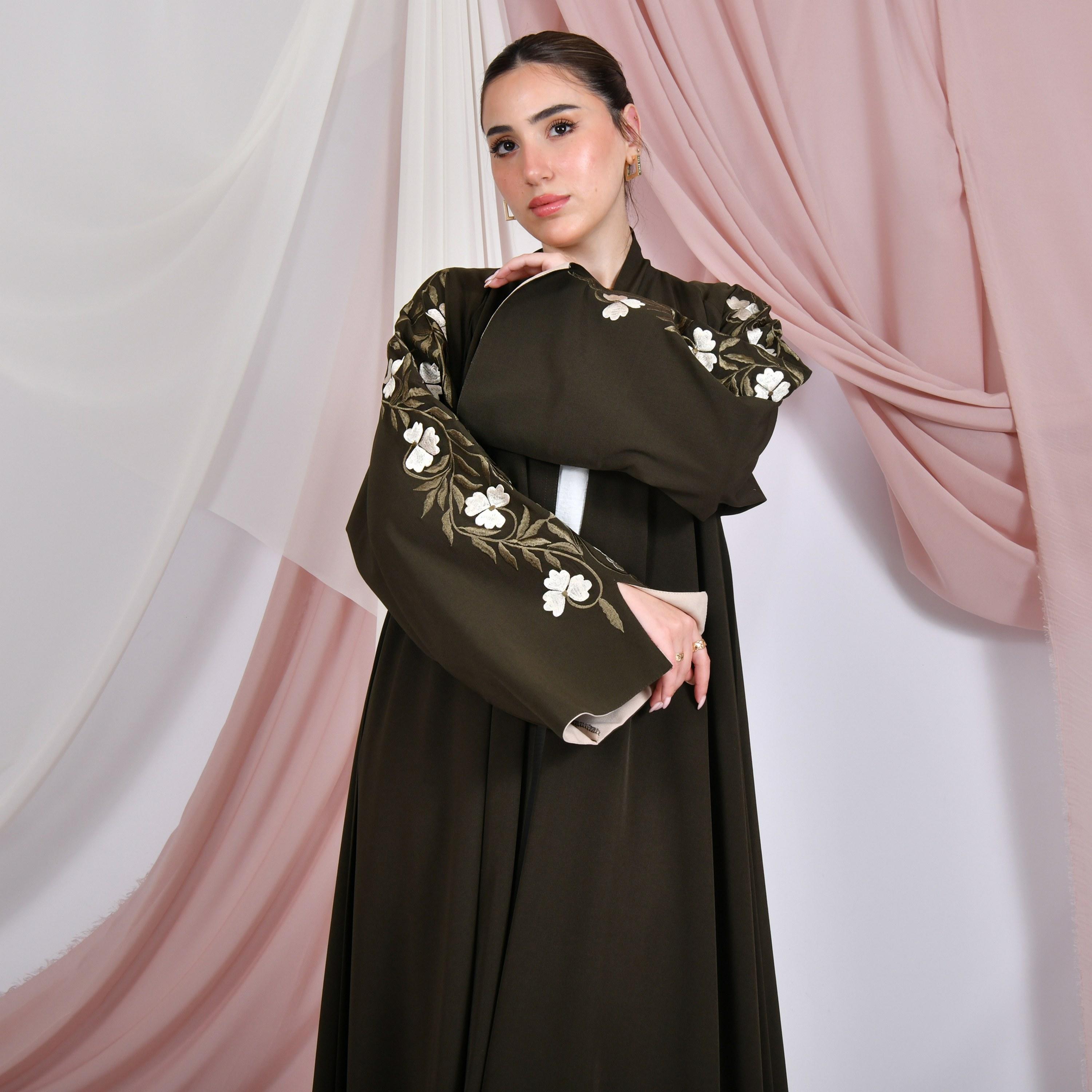 Hawraa Floral Embroidered Wide Slit Sleeves Linen Women's Abaya with Hijab-women-arabicclothing-abayas-image-3