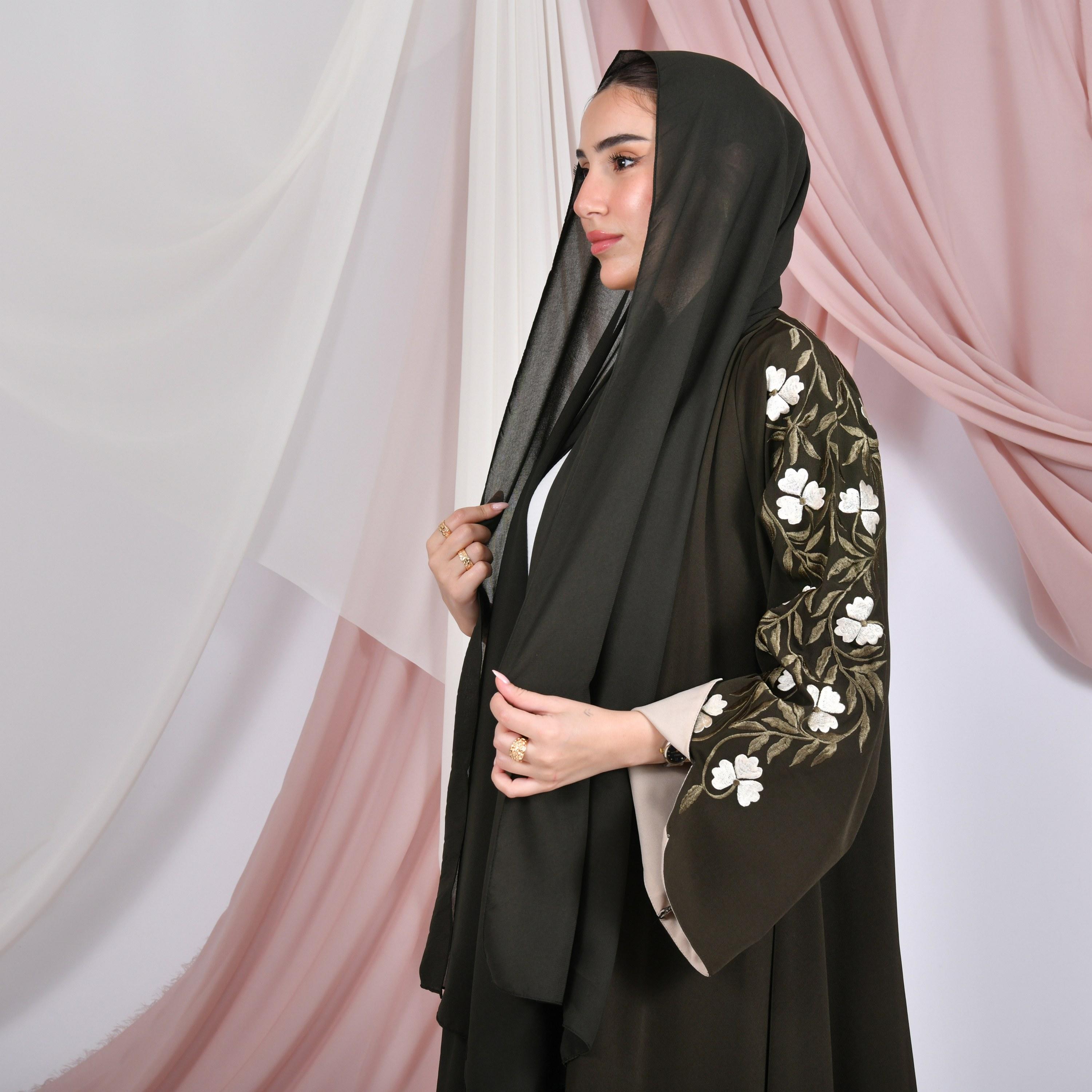 Hawraa Floral Embroidered Wide Slit Sleeves Linen Women's Abaya with Hijab-women-arabicclothing-abayas-image-4