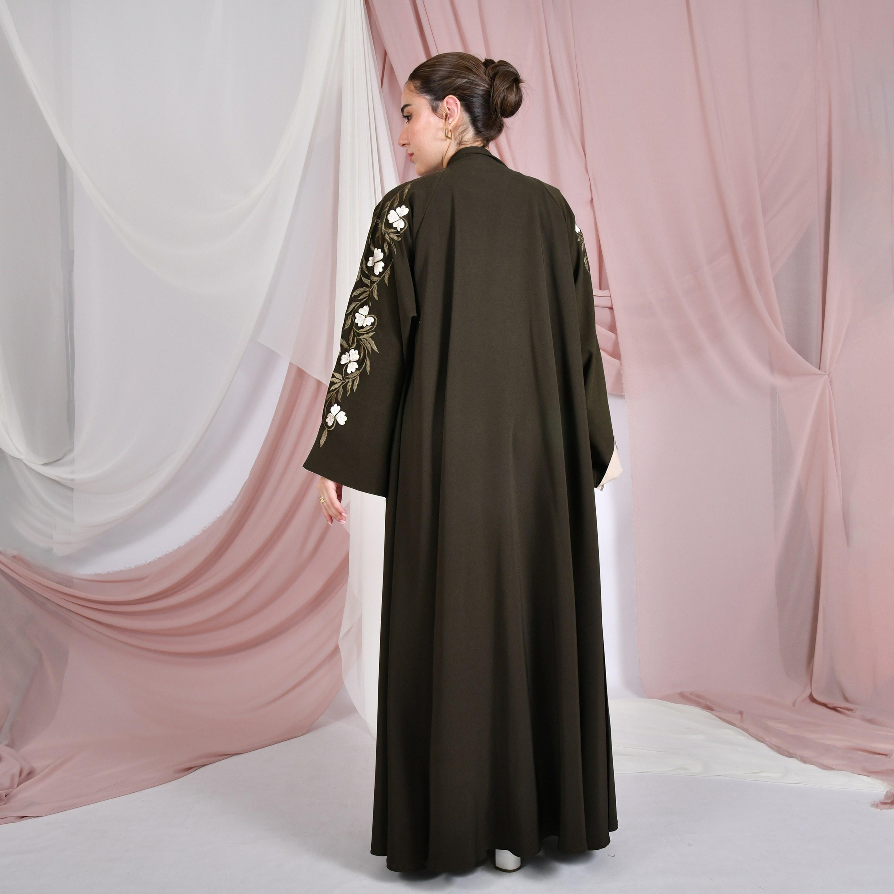 Hawraa Floral Embroidered Wide Slit Sleeves Linen Women's Abaya with Hijab-women-arabicclothing-abayas-image-5