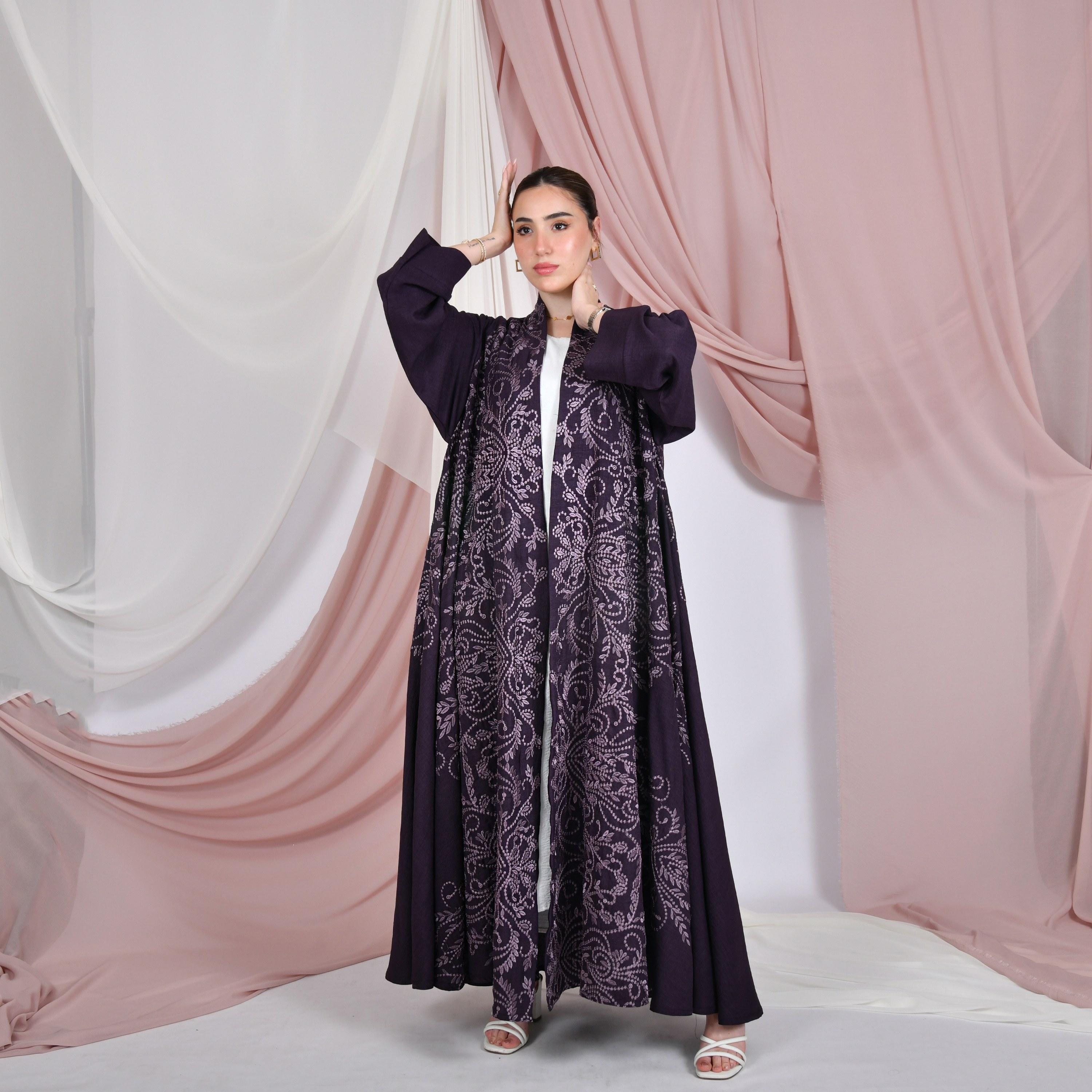 Hawraa Embroidered Linen Women's Evening Flared Abaya with Hijab-women-arabicclothing-abayas-image-1