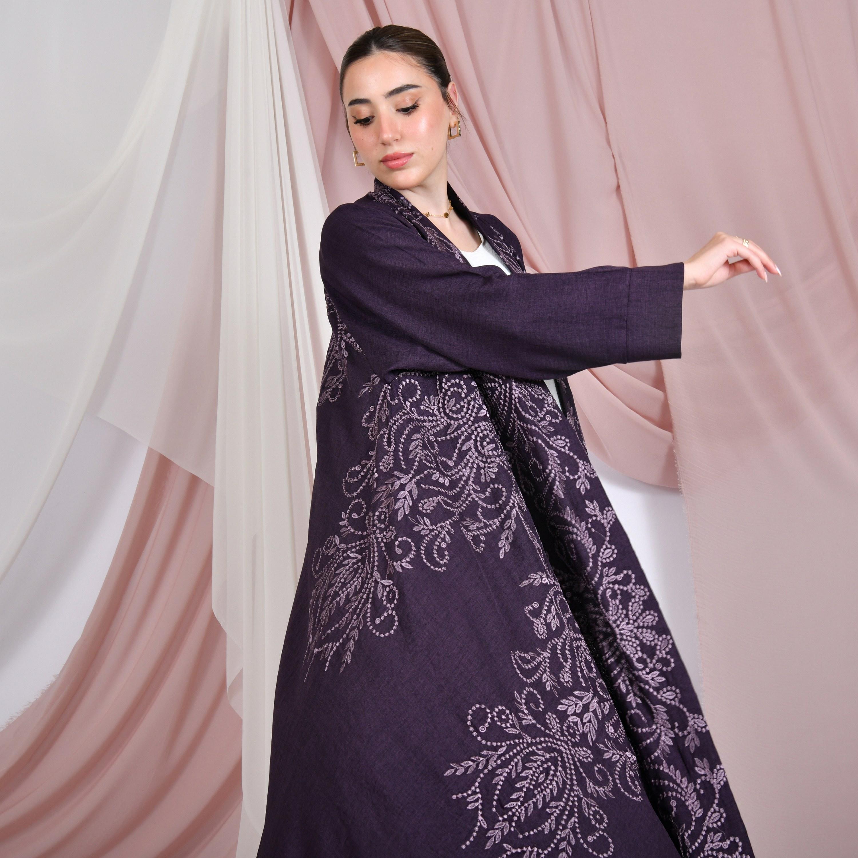 Hawraa Embroidered Linen Women's Evening Flared Abaya with Hijab-women-arabicclothing-abayas-image-2