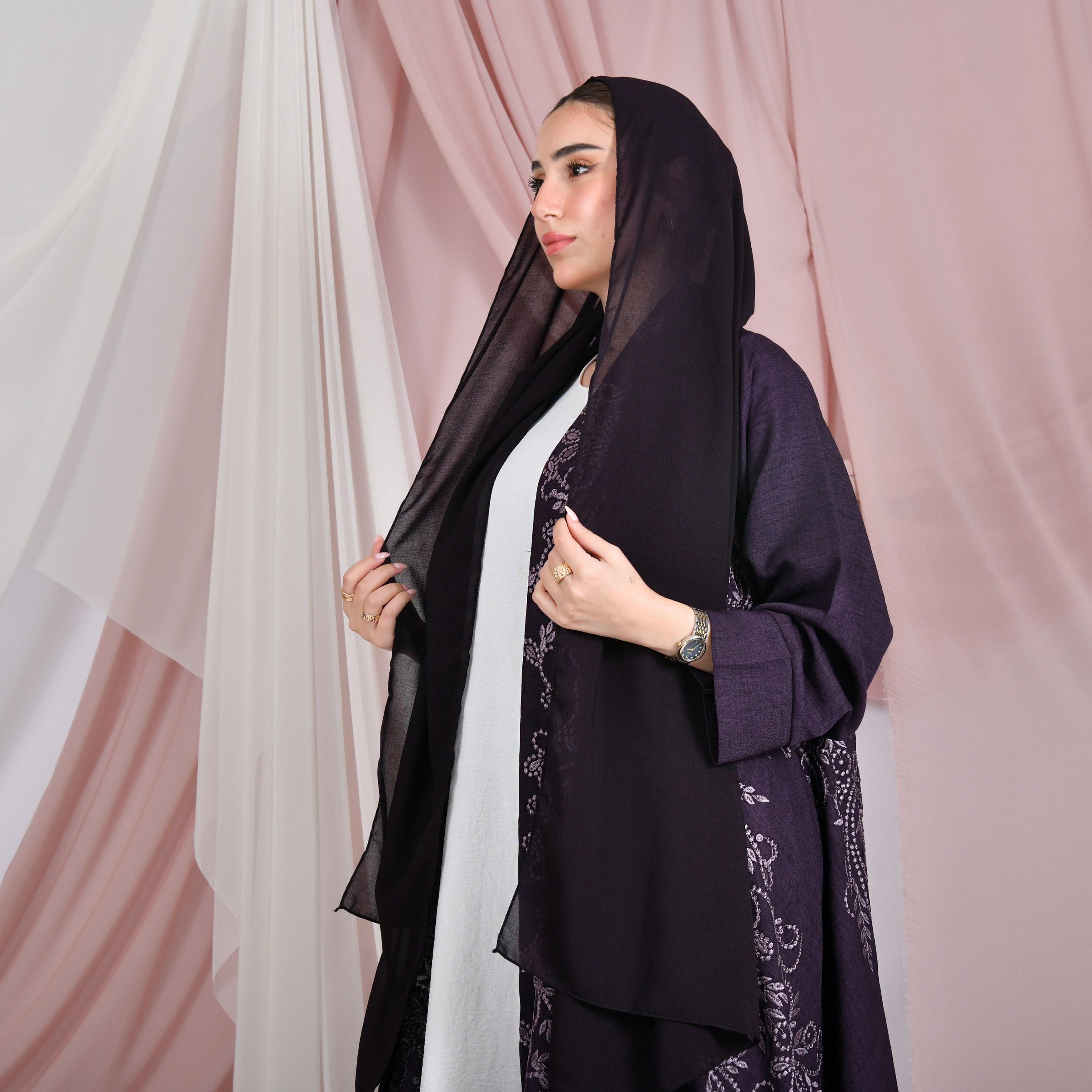 Hawraa Embroidered Linen Women's Evening Flared Abaya with Hijab-women-arabicclothing-abayas-image-3