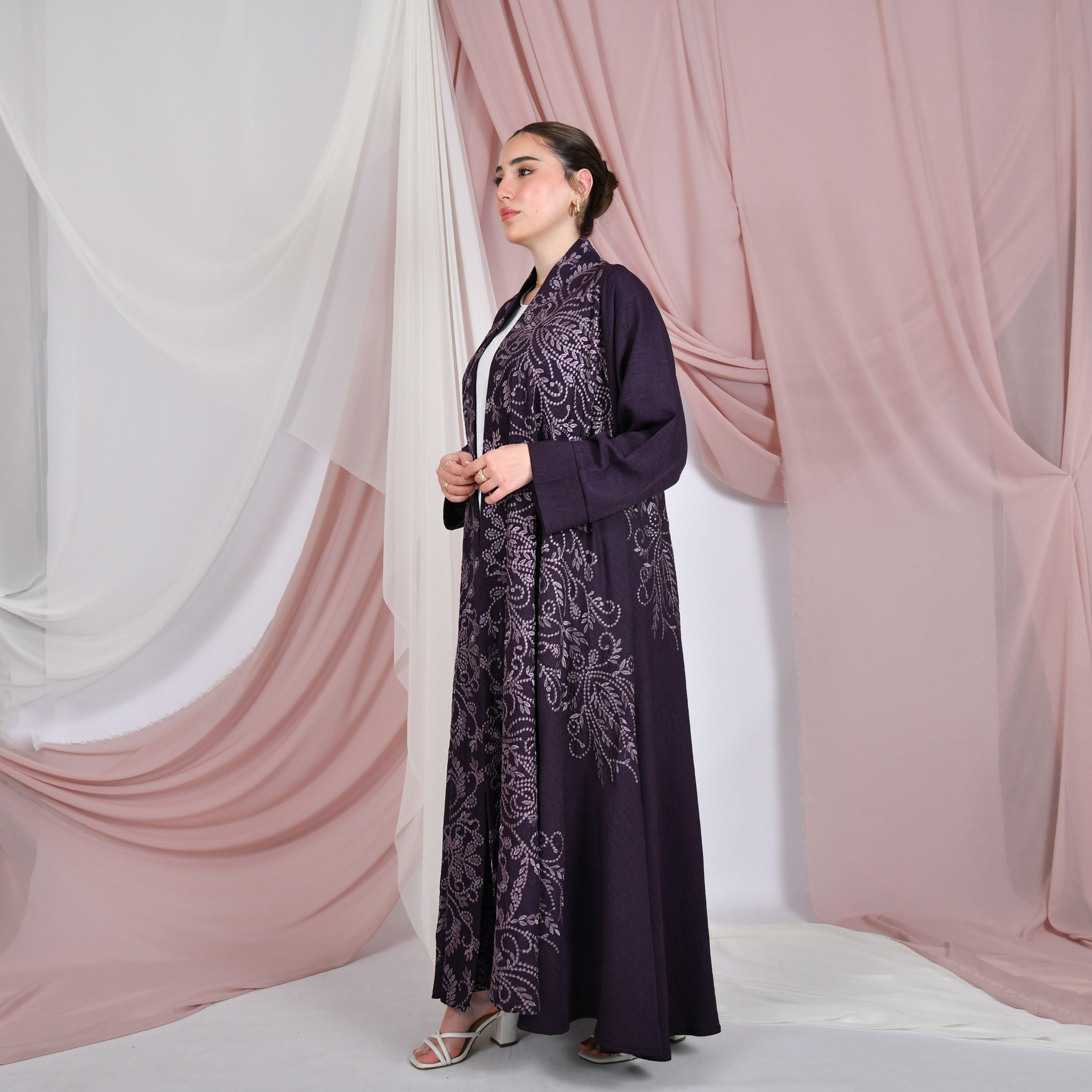 Hawraa Embroidered Linen Women's Evening Flared Abaya with Hijab-women-arabicclothing-abayas-image-4