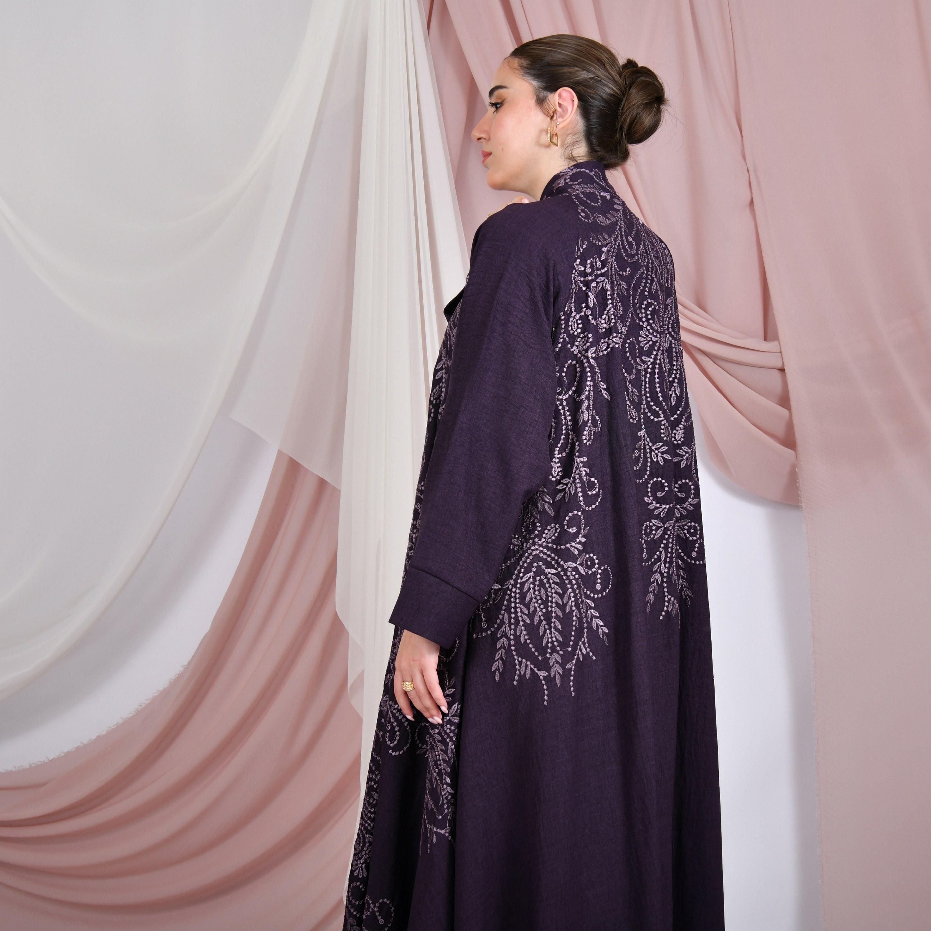 Hawraa Embroidered Linen Women's Evening Flared Abaya with Hijab-women-arabicclothing-abayas-image-5