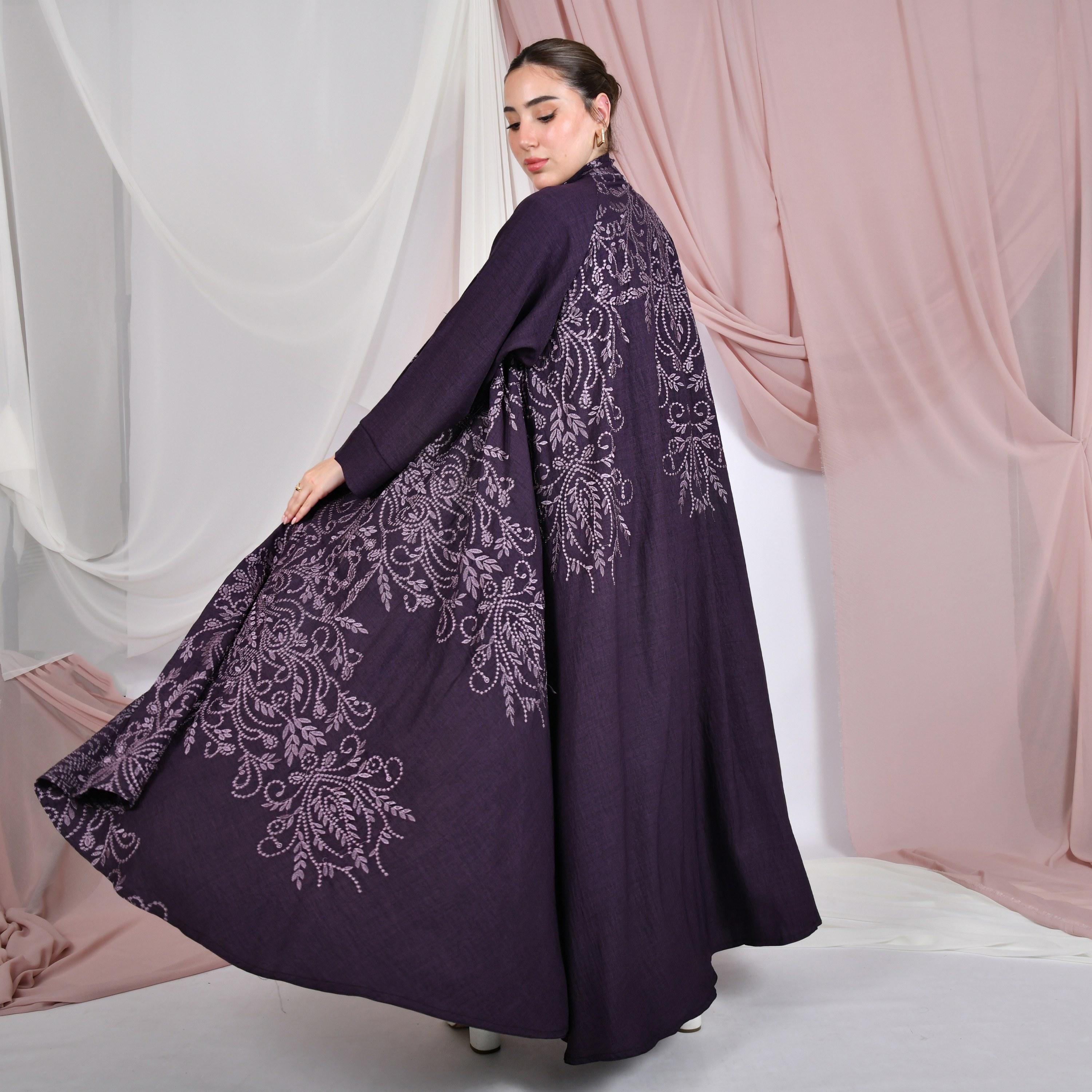 Hawraa Embroidered Linen Women's Evening Flared Abaya with Hijab-women-arabicclothing-abayas-image-6