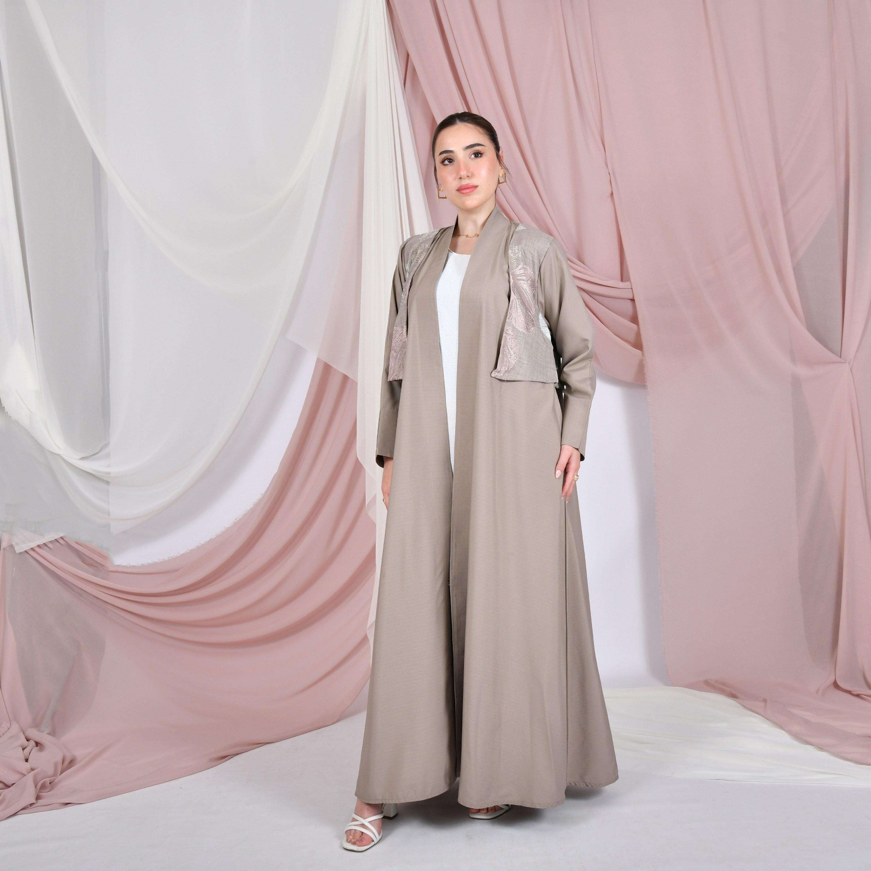 Hawraa Beige Floral Embroidered Linen Women's Abaya with Hijab-women-arabicclothing-abayas-image-1