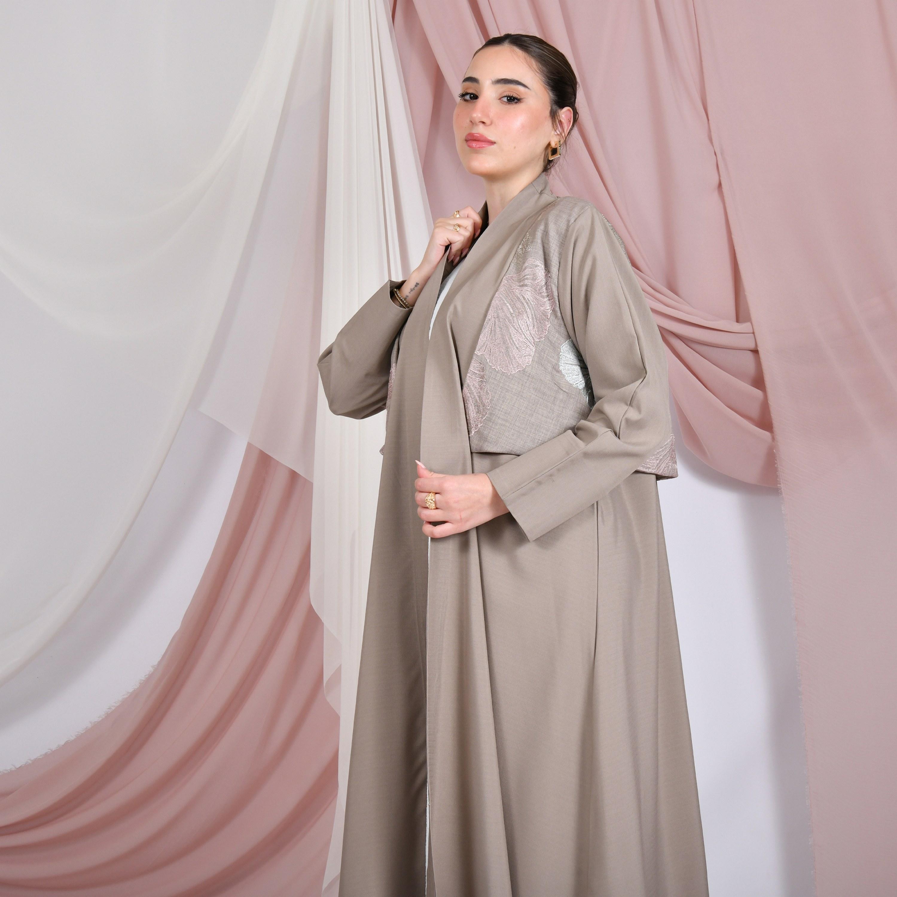 Hawraa Beige Floral Embroidered Linen Women's Abaya with Hijab-women-arabicclothing-abayas-image-2