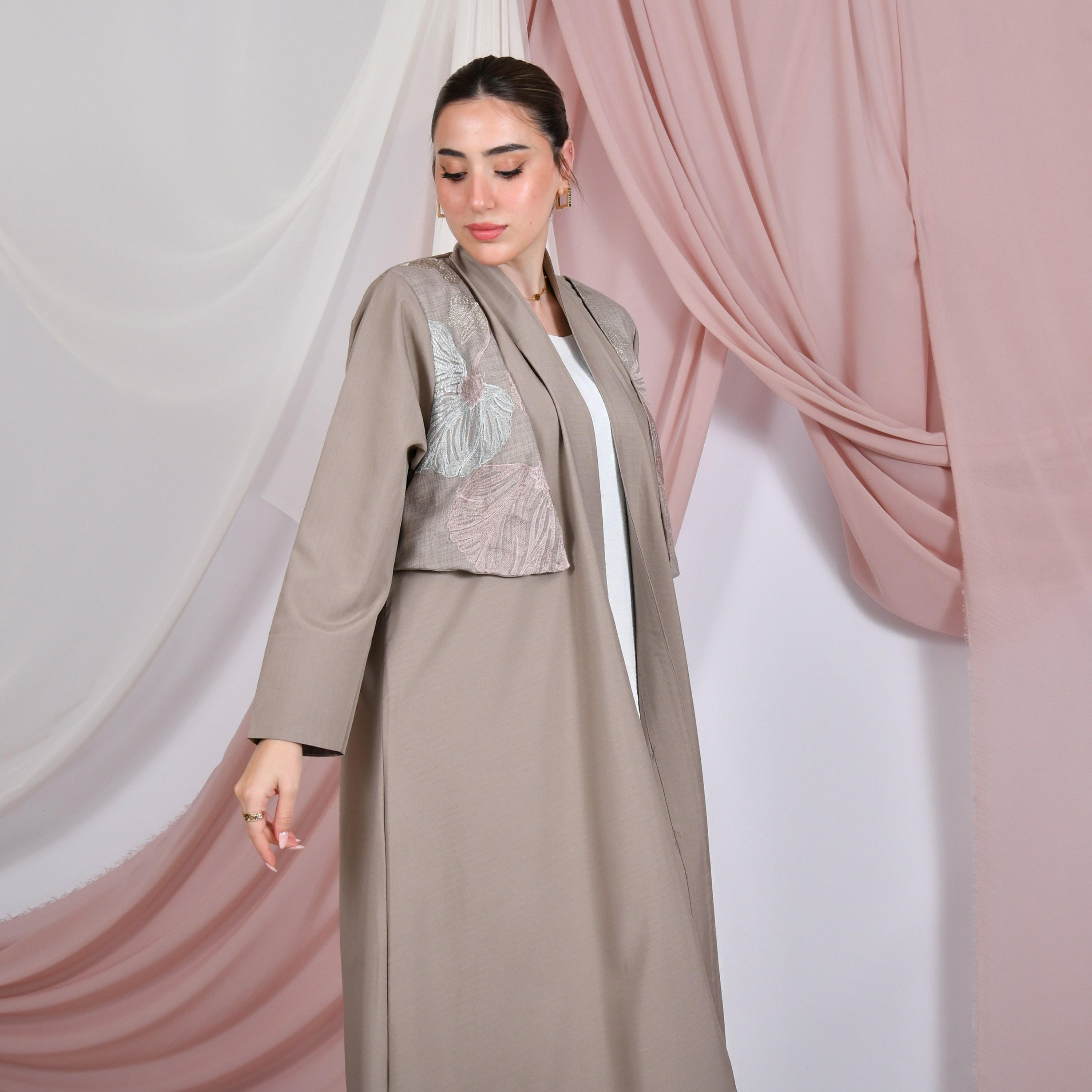 Hawraa Beige Floral Embroidered Linen Women's Abaya with Hijab-women-arabicclothing-abayas-image-3
