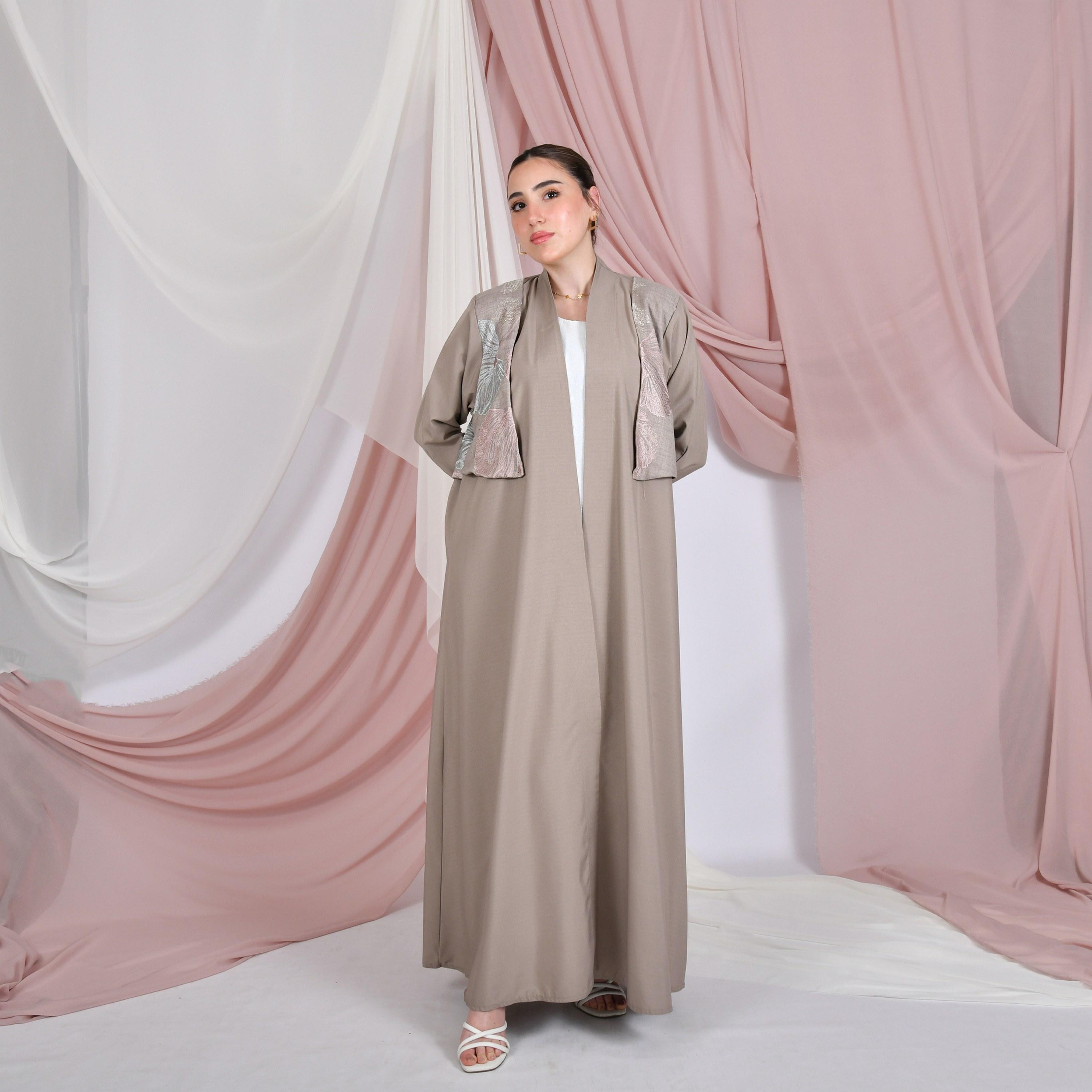 Hawraa Beige Floral Embroidered Linen Women's Abaya with Hijab-women-arabicclothing-abayas-image-4
