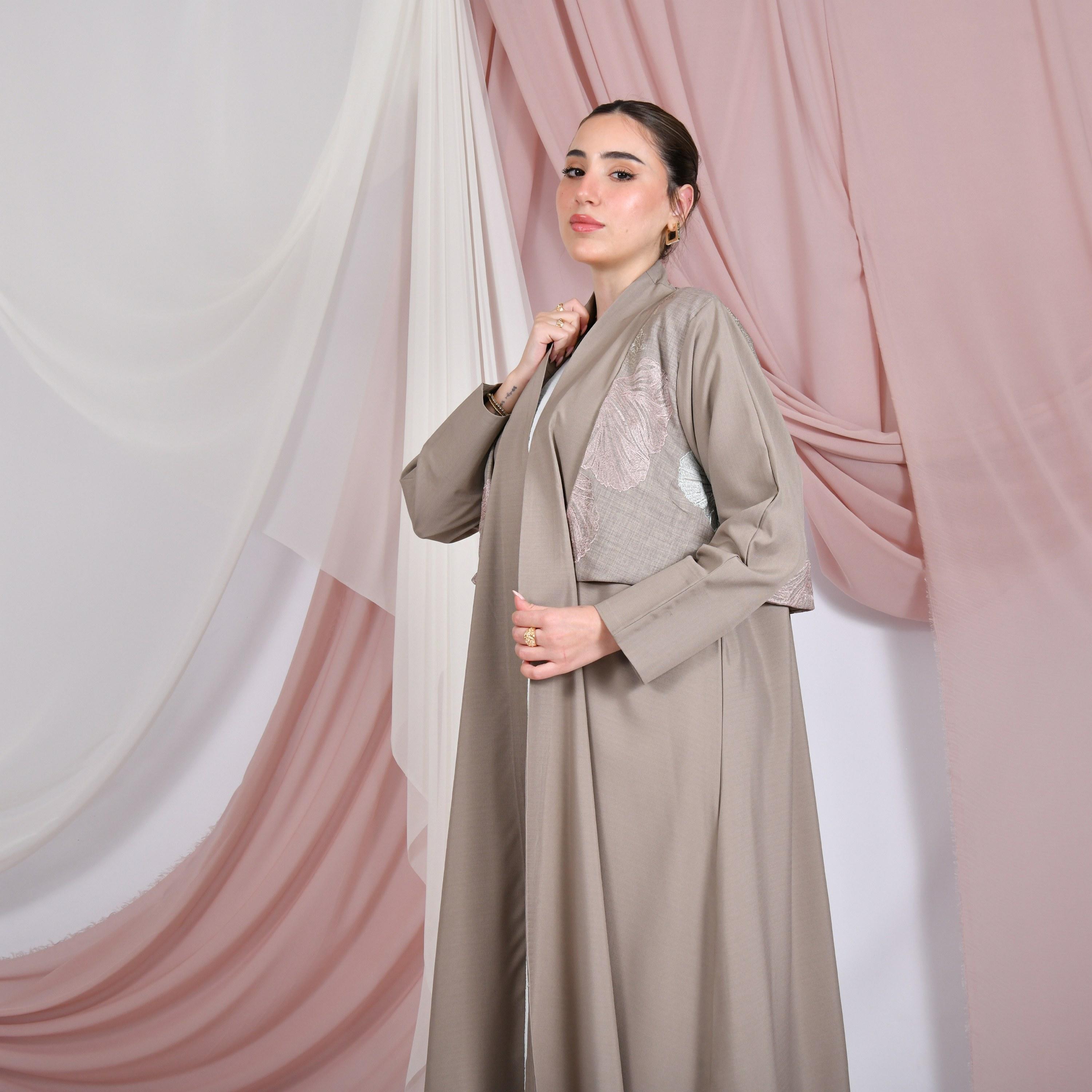Hawraa Beige Floral Embroidered Linen Women's Abaya with Hijab-women-arabicclothing-abayas-image-5