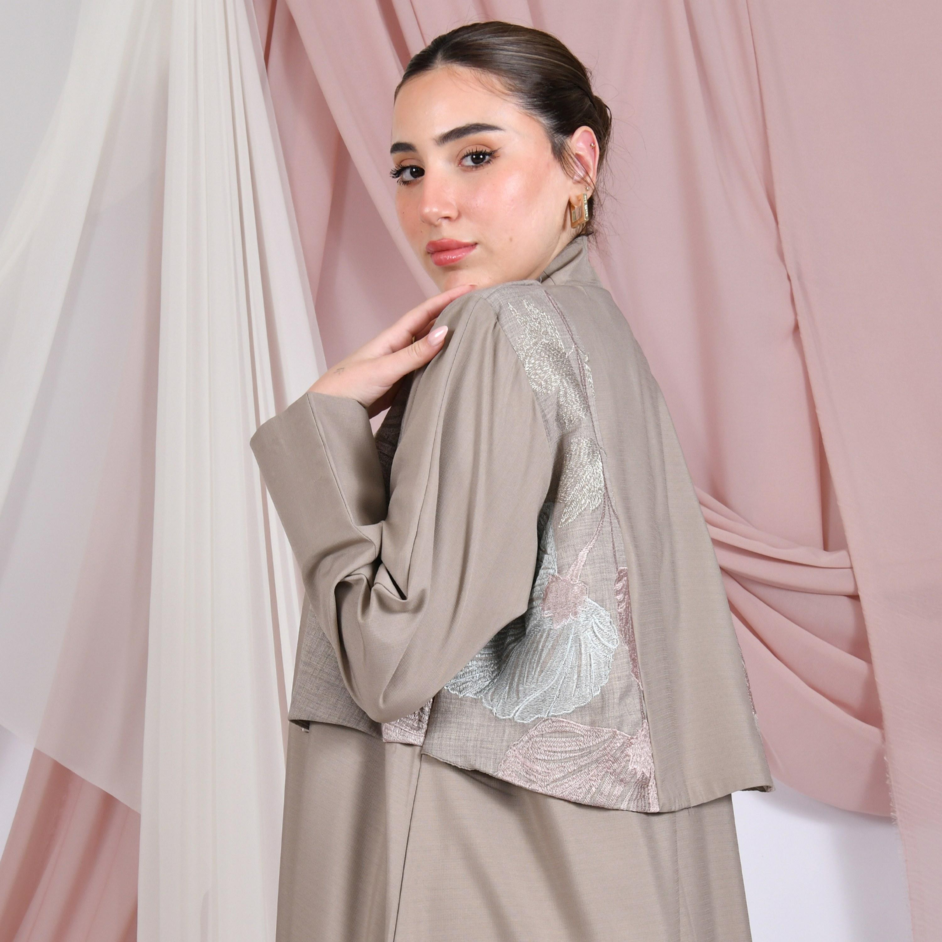 Hawraa Beige Floral Embroidered Linen Women's Abaya with Hijab-women-arabicclothing-abayas-image-6