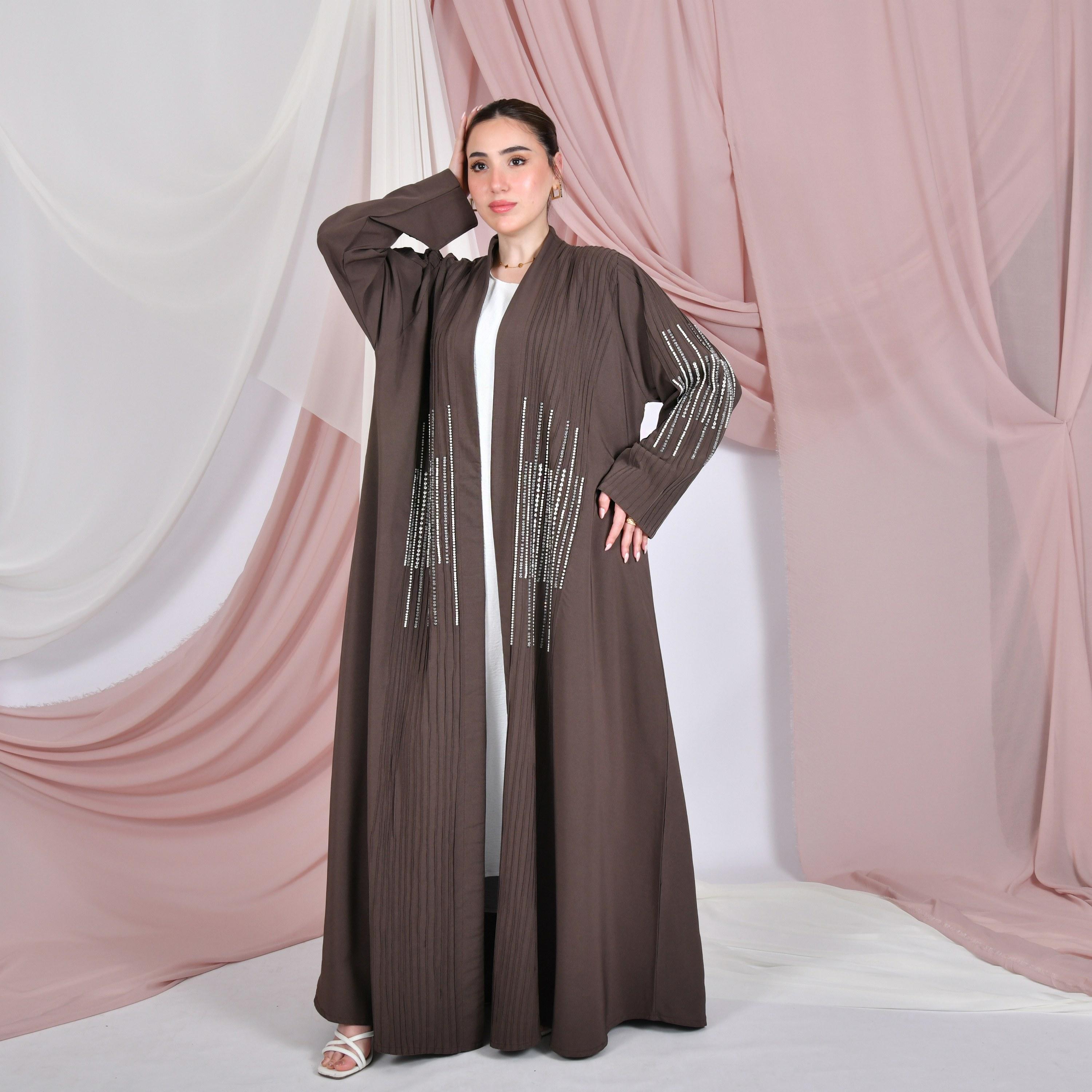 Hawraa Pin-Tuck & Bead Work Linen Women's Abaya-women-arabicclothing-abayas-image-1