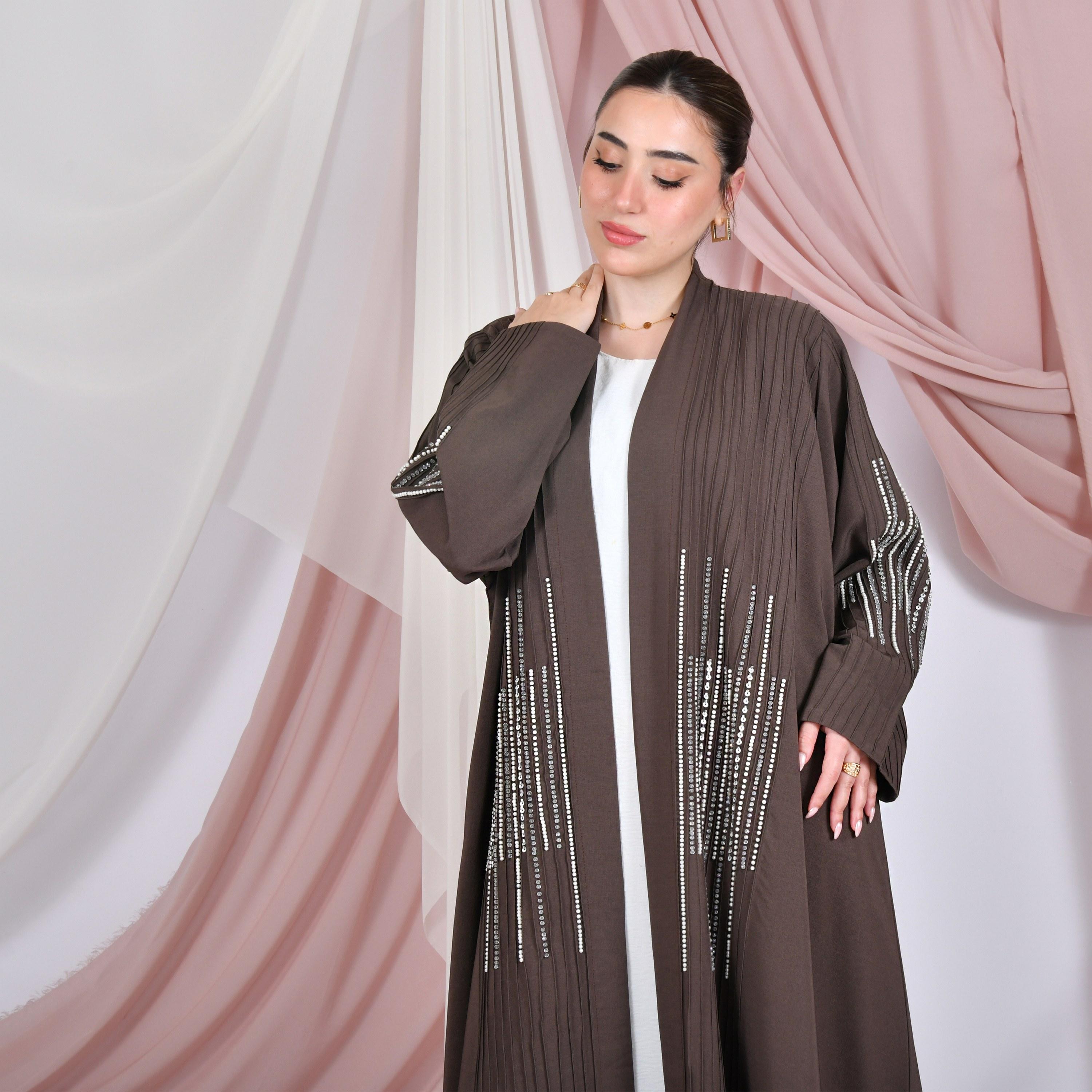Hawraa Pin-Tuck & Bead Work Linen Women's Abaya-women-arabicclothing-abayas-image-2