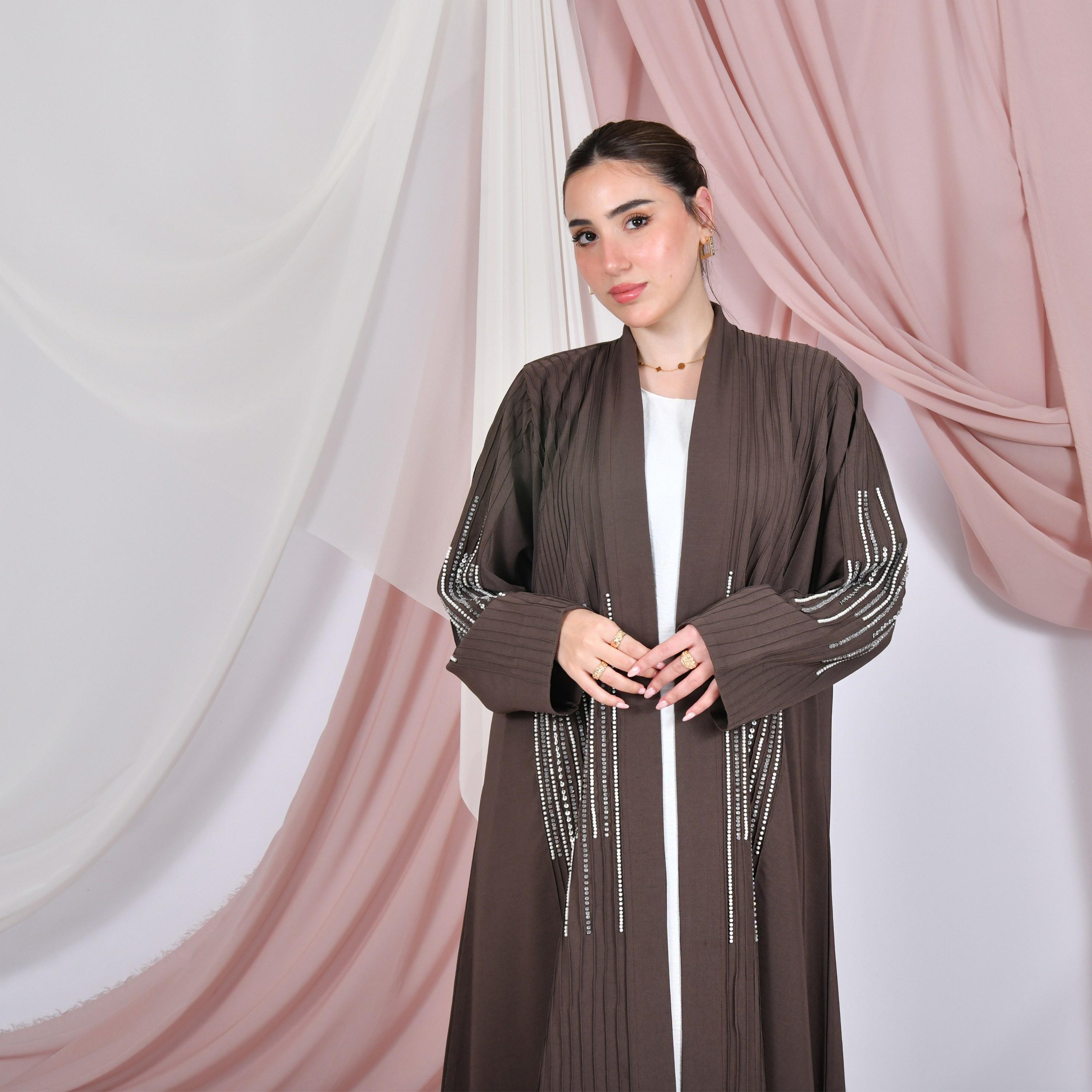Hawraa Pin-Tuck & Bead Work Linen Women's Abaya-women-arabicclothing-abayas-image-3