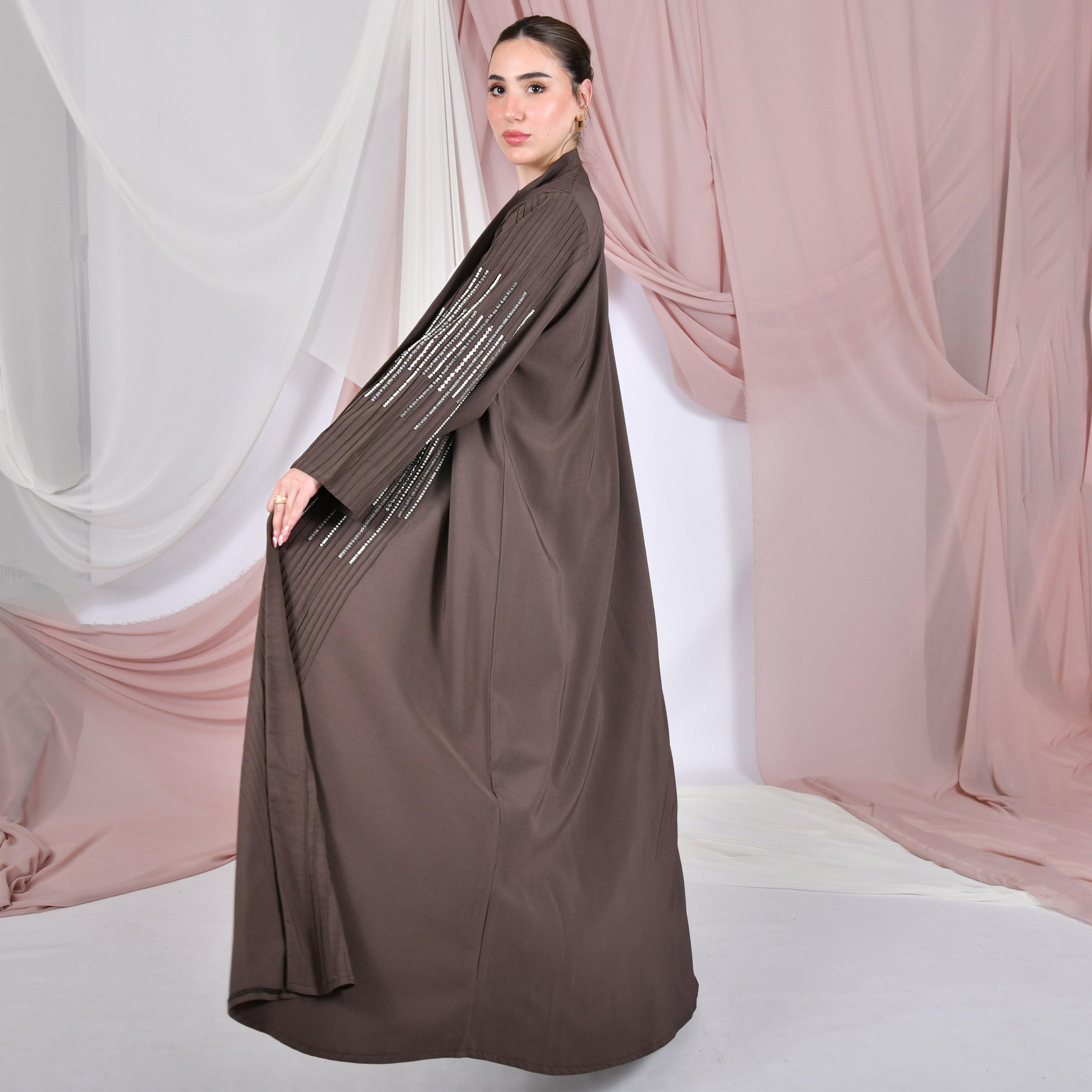 Hawraa Pin-Tuck & Bead Work Linen Women's Abaya-women-arabicclothing-abayas-image-4